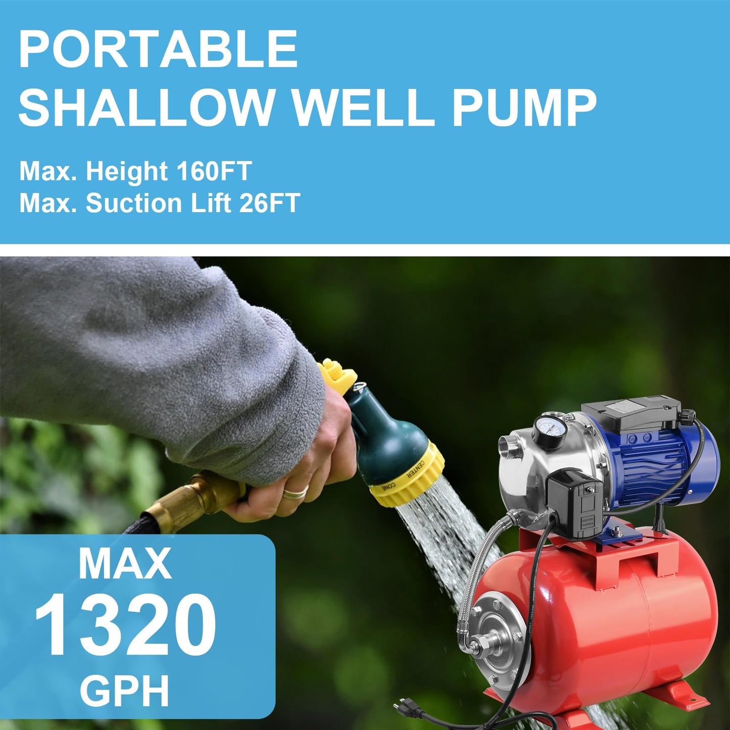 Rioflybee 1.5 HP Shallow Well Pump with Pressure Tank, 1320 GPH 115V Water Transfer Household Draining Irrigation Pumps, Automatic Water Booster Jet Pump Garden Pump for Home Garden Lawn Farm