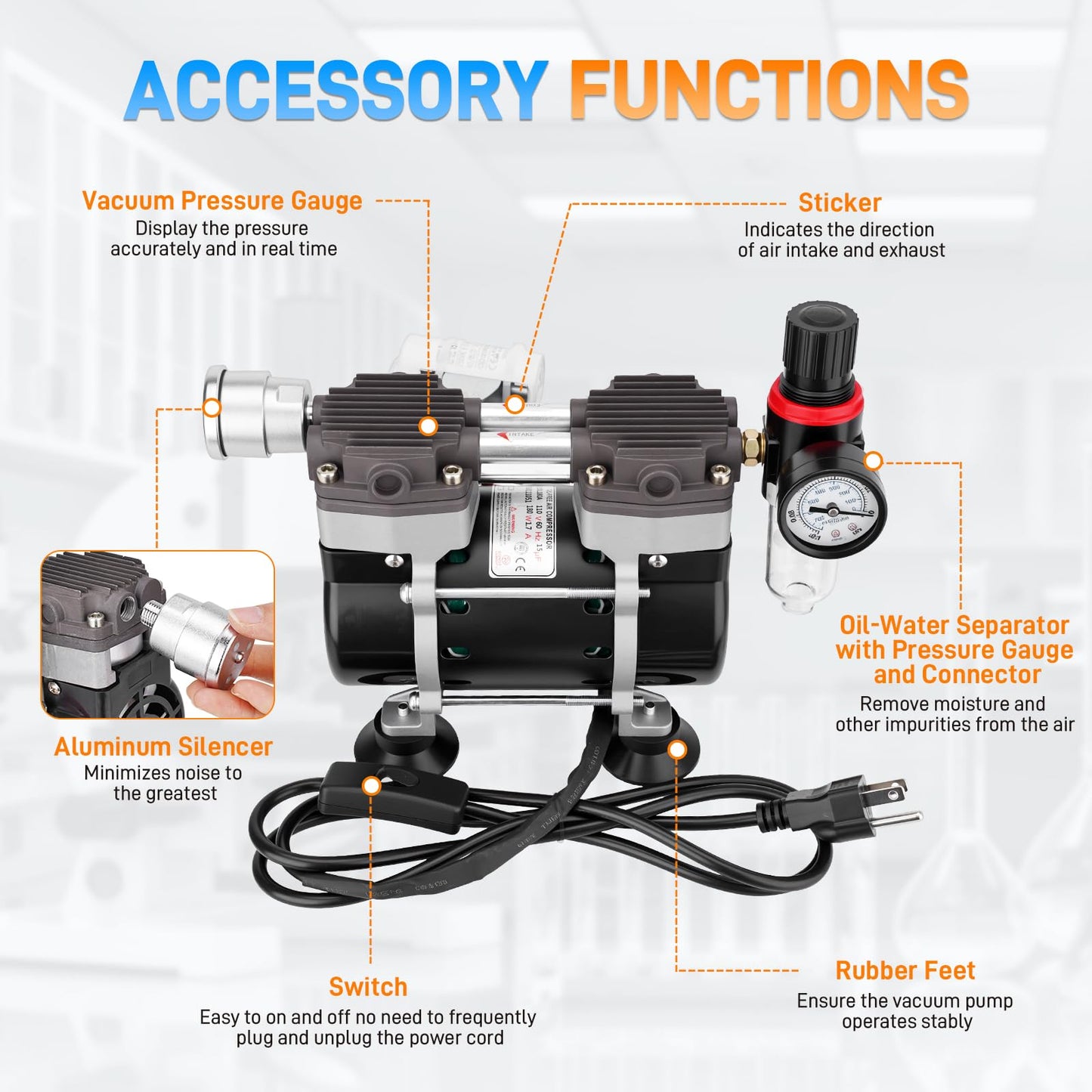 50L/Min Vacuum Pump 2 Holes Oilless Lab Pump with Switch Oil-Water Separator Pressure Gauge Connector Silencer Tape Rubber Feet for Laboratory Industry Home Low Noise and High Vacuum 110V 180w 60Hz