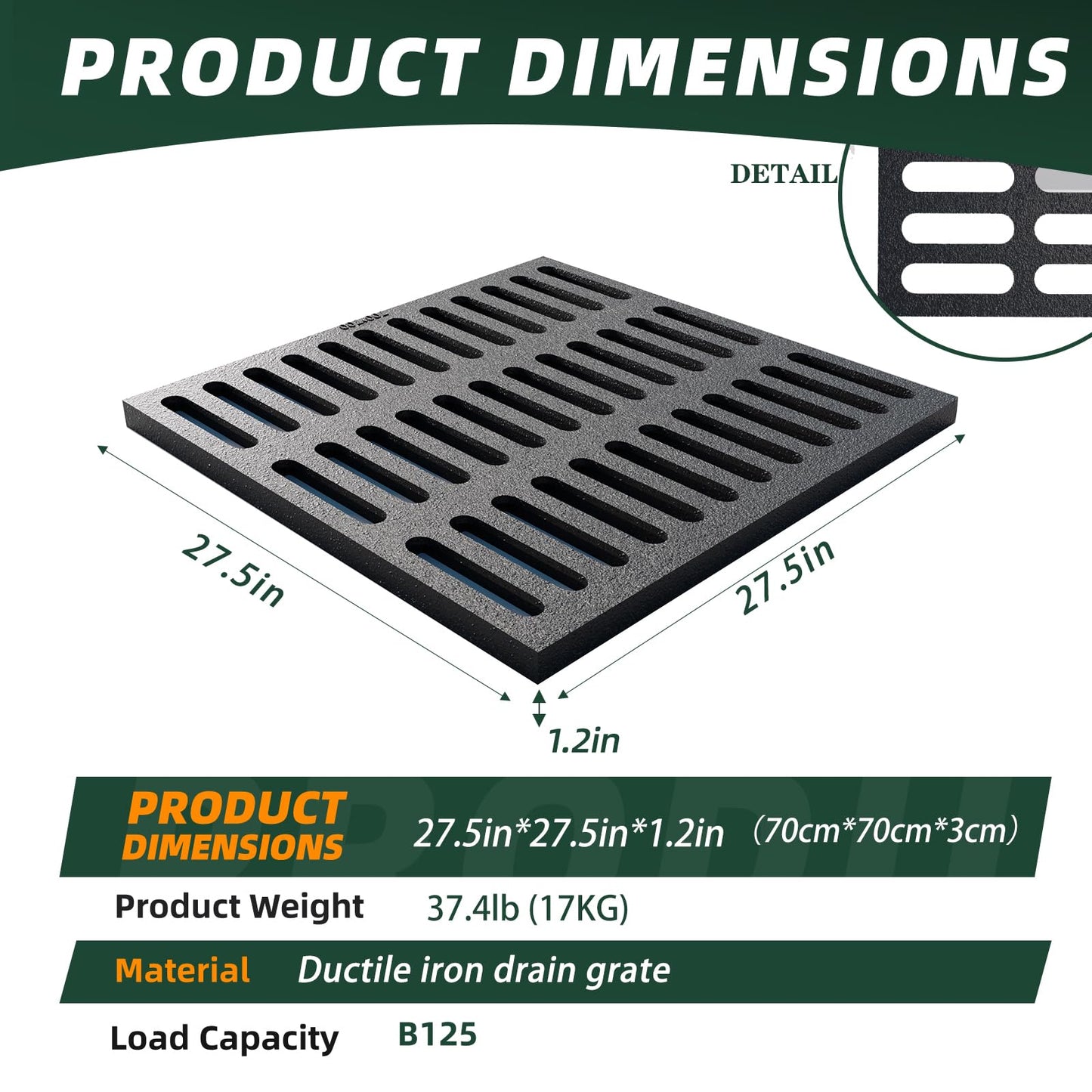 Cast Iron Drain Grate, 28 * 28in Outdoor Drain Cover, Heavy Duty B125 Class Channel Grate, Black Square Drainage Grate, Metal Sewer Grate for Concrete Floor, Yard, Driveway & Garage.