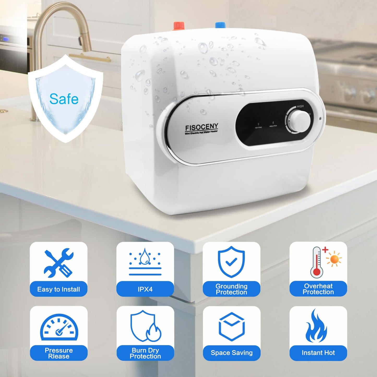 Fisoceny 4 Gallon Tank Water Heater Under Sink Instant Hot Water 1500w 120V,Kitchen Under Counter RV Small Hot Water Heater with Release Valve 3-Way Diverter Vavle,1/2" NPT White