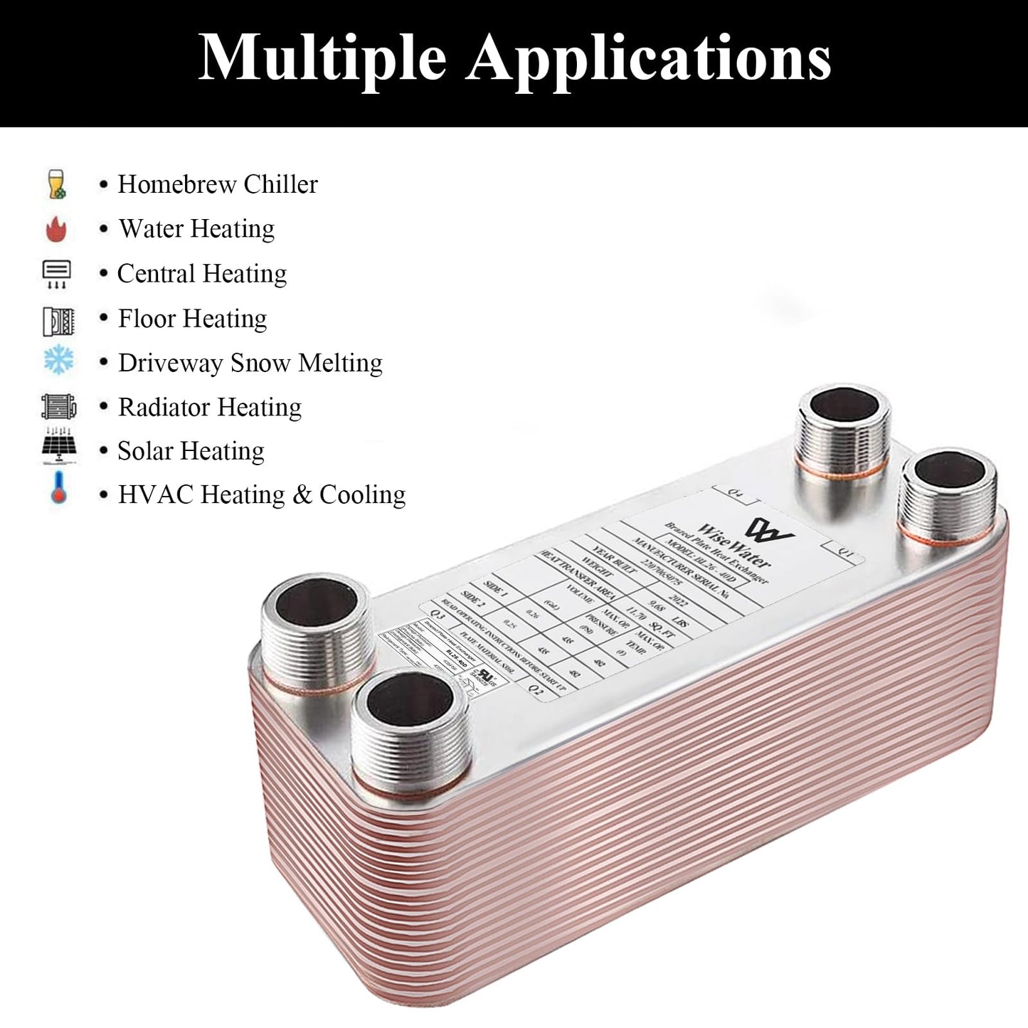 AB Plate Heat Exchanger, 4"x 12" 80 Plates Water To Water Heat Exchanger, Copper/SS316L Stainless Steel Brazed Plate Heat Exchanger For Floor Heating, Water Heating, Snow Melting