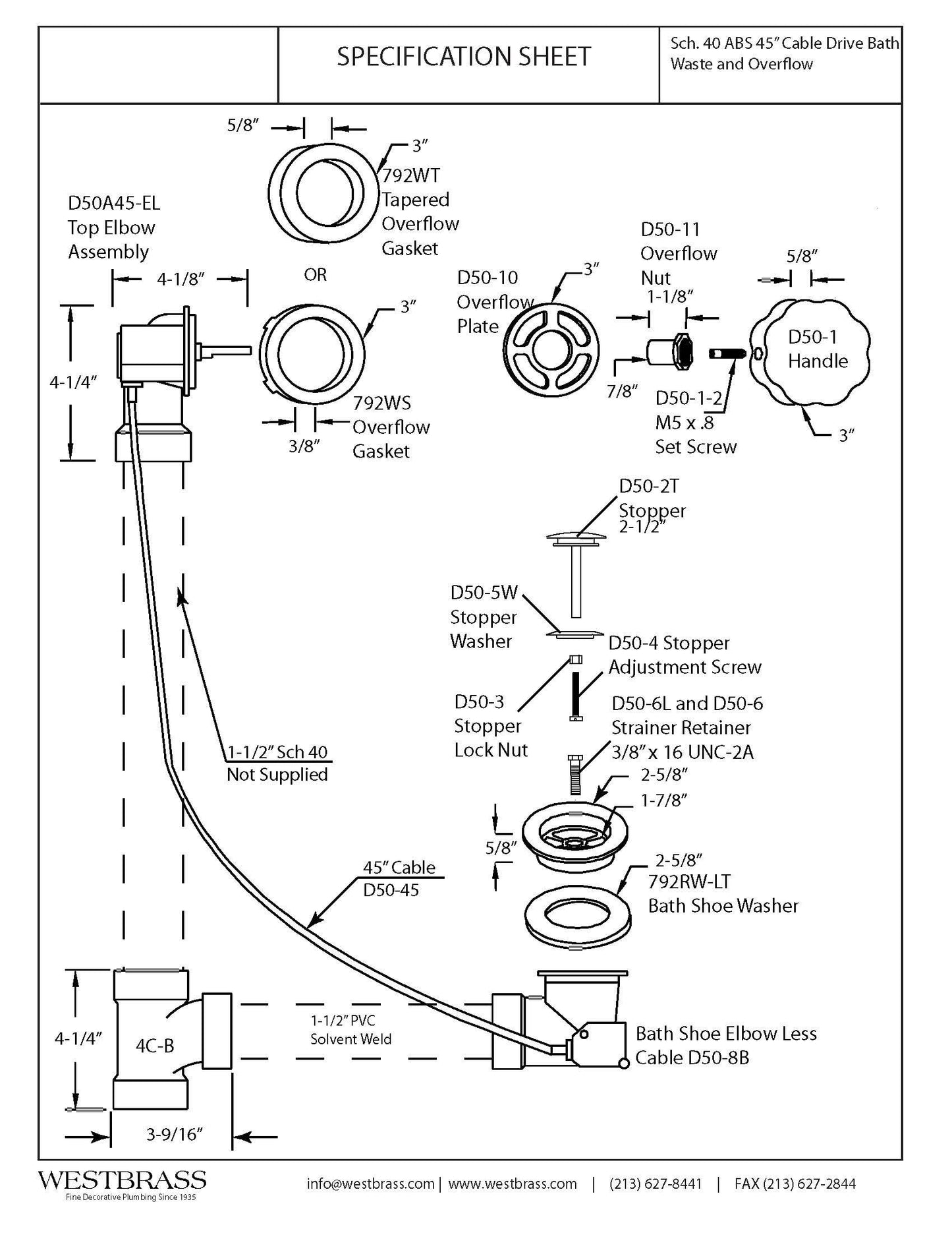 Westbrass ABS 45” Cable Drive Bath Waste & Overflow, Oil Rubbed Bronze, D50A45-12