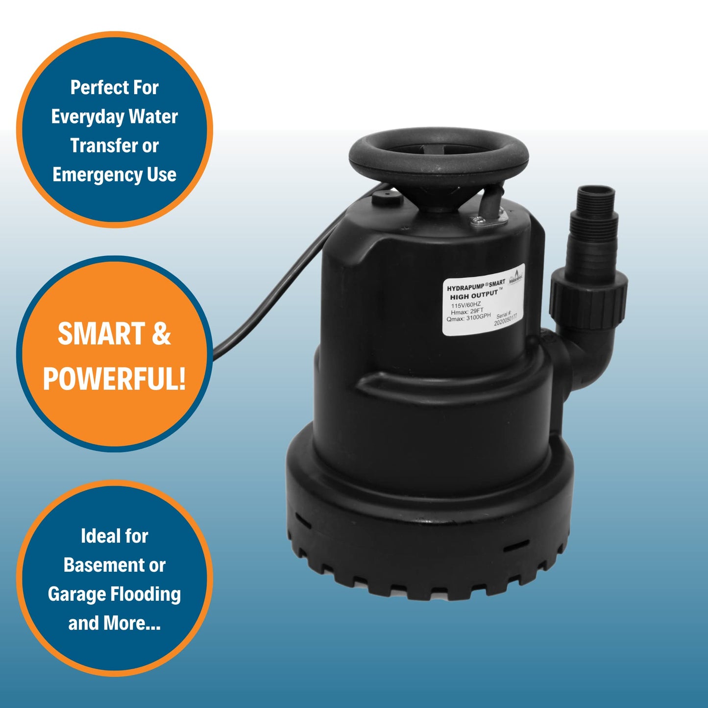 Watershed Innovations HydraPump Smart High Output Automatic Pump - Submersible Water Pump - Pool Cover Pump - Portable Electric Pump - HydraDetect Technology for Automatic Operation