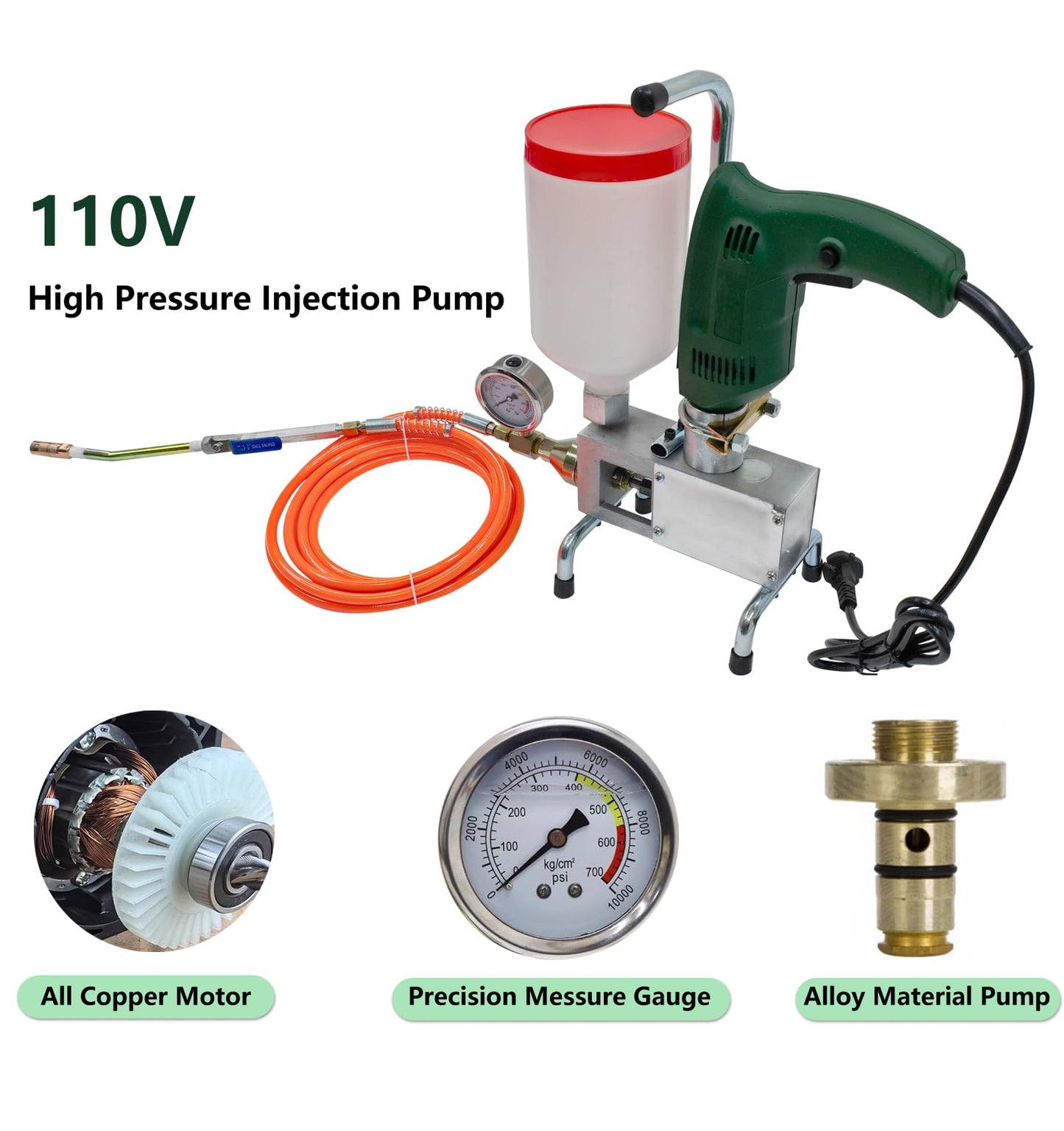 PreAsion 110V High Pressure Grouting Machine 650W Electric Grout Gun 15,000 PSI Grouting Injection Pump High Pressure Leak Stoppage Machine for Concrete Repair Waterproofing Crack Repair