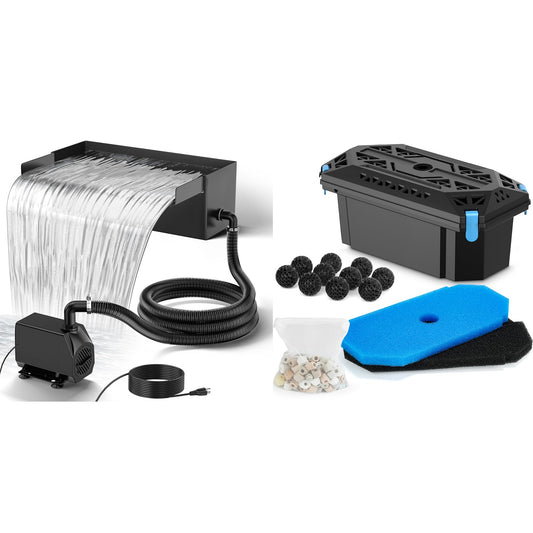 NFESOLAR Pond Waterfall Spillway Kit for Outdoor Pond up to 2000 Gallons, Includes 12.2" W Stainless Steel Pond Waterfall Box, 660GPH Ultra-Quiet Water Pump, Pond Filter Box