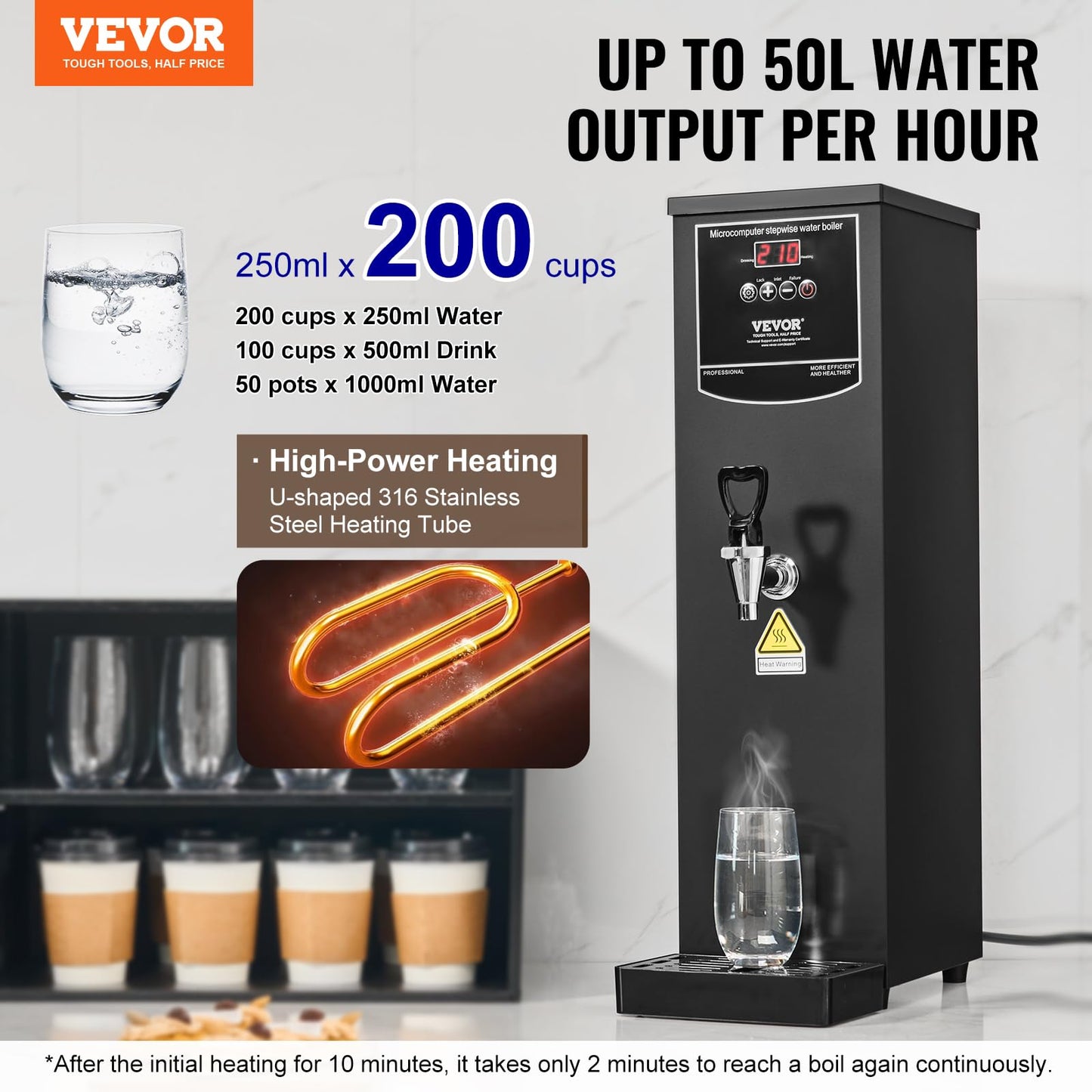 VEVOR Commercial Water Boiler, 15L Electric Hot Water Dispenser with 316 Stainless Steel Heating Tube, 1500W Step-by-step Fast Heating 50L/H Hot Water Boiler, for Coffee Tea Restaurant Office