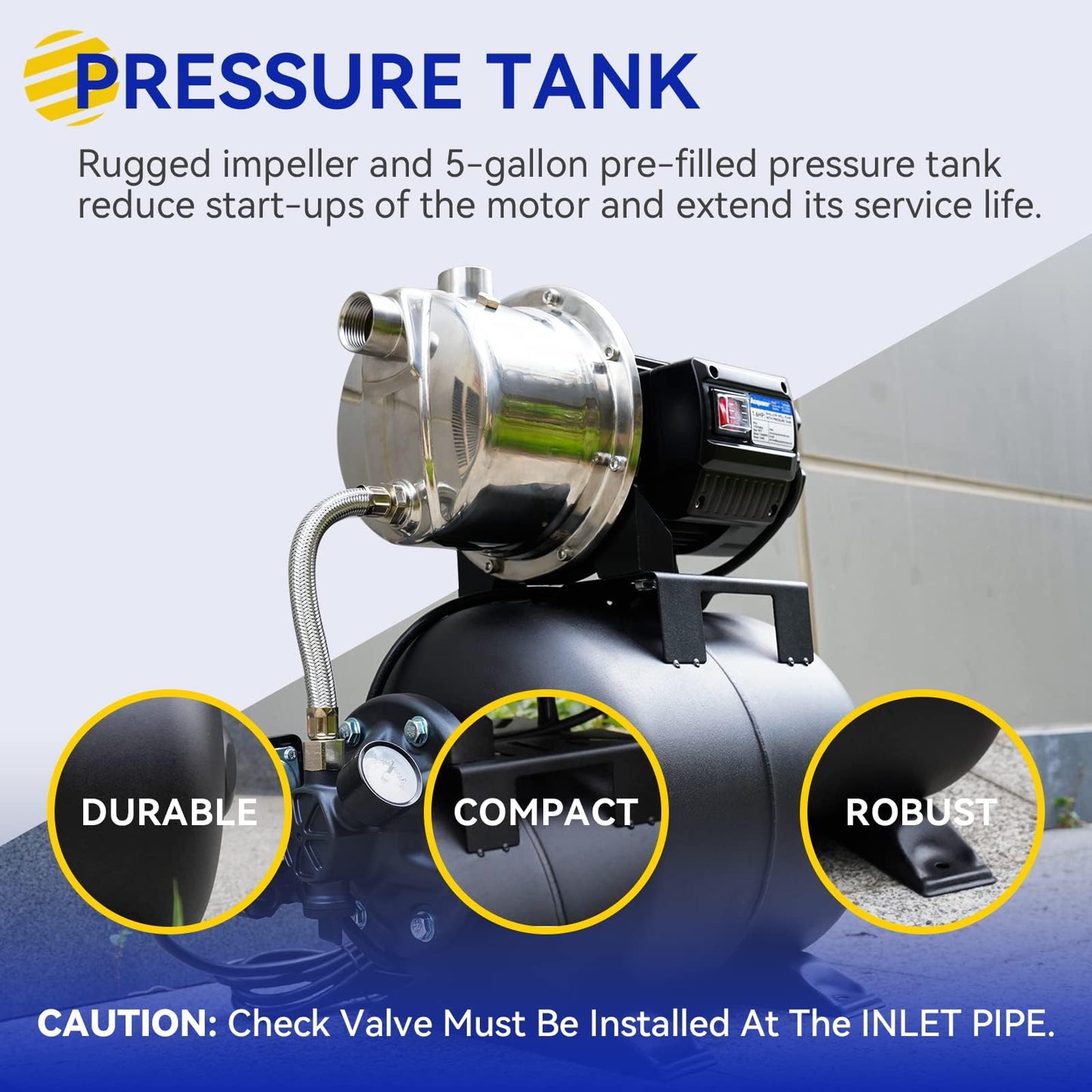 Acquaer 115V Shallow Well Garden Pump, Stainless Steel, Automatic Water Booster Jet Pump 1320 GPH, for Irrigation, Home, Garden, Lawn,1.6 HP with Pressure Tank