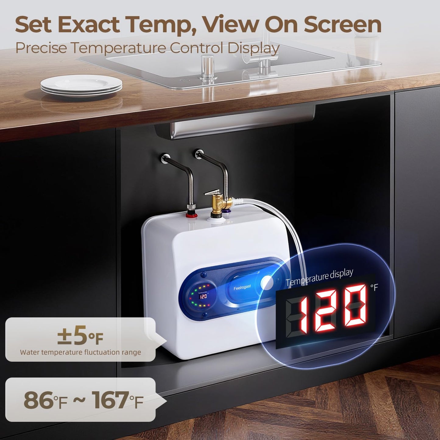 Electric Tank Water Heater, 4-Gallon Under Sink Instant Hot Water Tank，Equipped with Digital Temperature Display for RV, Camper, Kitchen, Food Truck，Wall or Floor Mounted, Blue