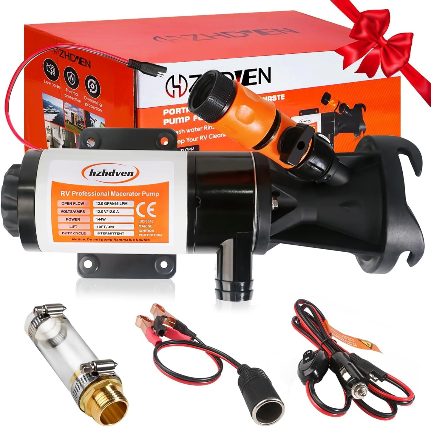 RV Macerator Pump 12V,Portable Macerator Waste Pump,12GPM Suction 3.2 feet Lift 10 feet with Garden Hose Discharge Port,Quick Release Sewage Pump with Fresh Water Crushing for Halloween Christmas