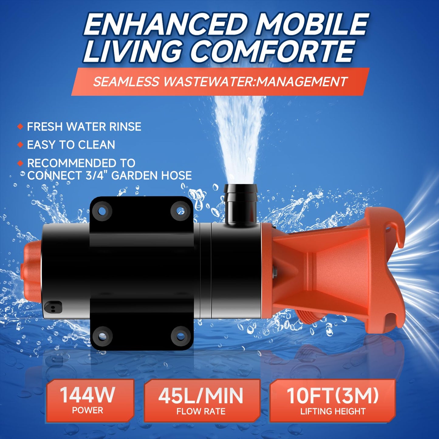 12V RV Portable Macerator Waste Pump for Sewage,12GPM Suction 3.2 feet Lift 10 feet with Garden Hose Discharge Port,Quick Release Sewage Pump with Fresh Water Rinse and Automatic Crushing Function