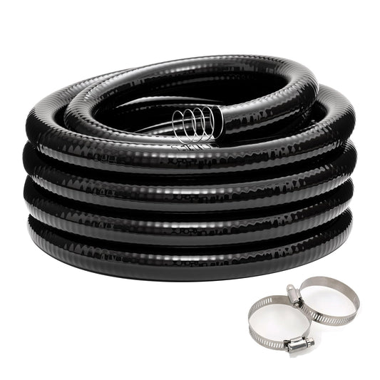 EASTRANS 2" x 50ft Black Spiral Steel Wire Tubing Heavy Duty Pool Suction Discharge Hose Pipe for Pump Marine Flexible PVC Water Tube with 2 Clamps, No Kinking
