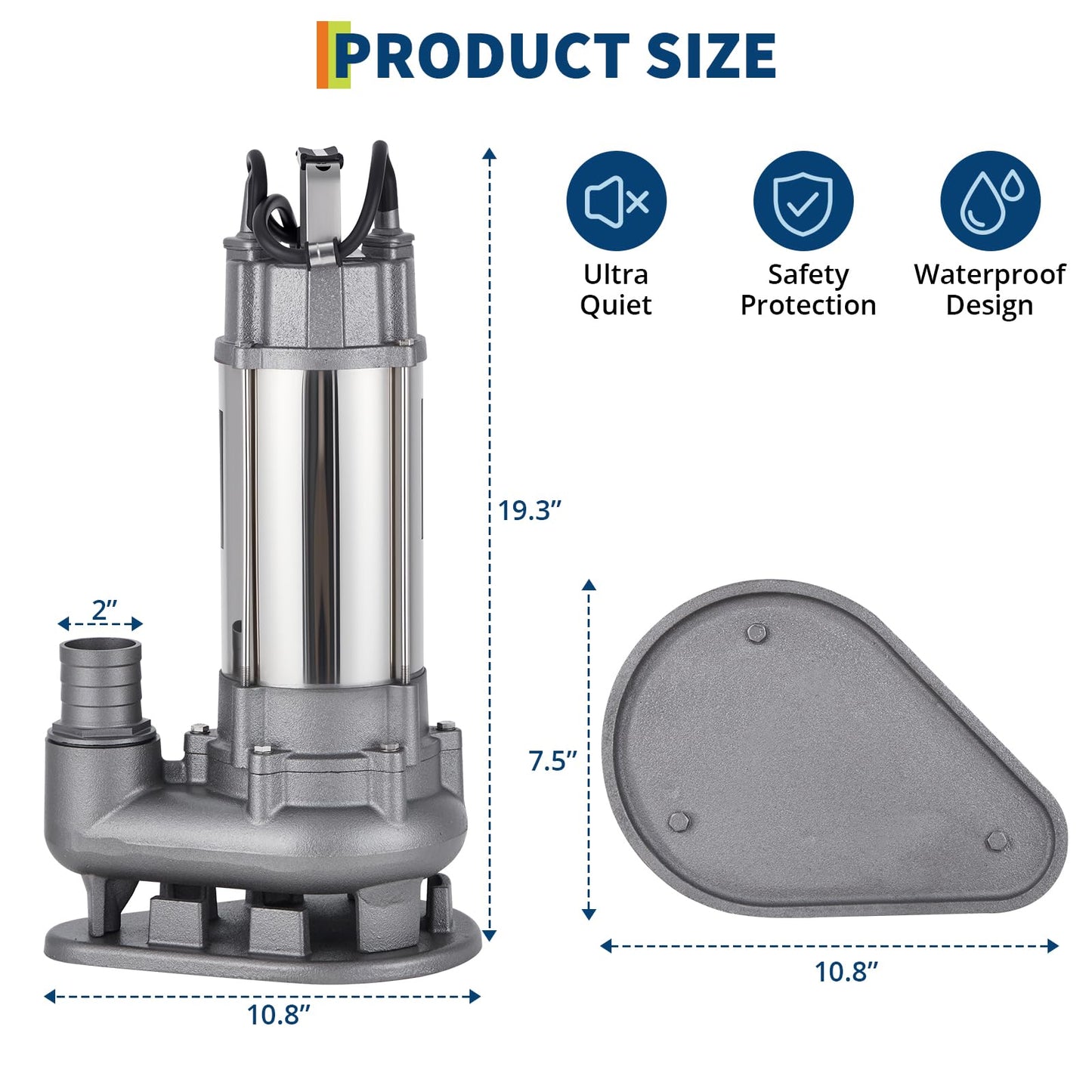 1.5 HP 6600 GPH Submersible Sewage Pump, Heavy Duty Cast Iron Effluent Pump with Automatic Tethered Float Switch, Sump Pump for Sump Basin, Basement, Residential