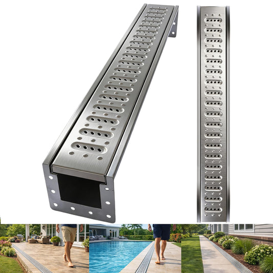 304 Stainless Steel Channel Drain with Drain Grate,39.4Lx5.9Wx5.5H in A15 Deep Profile Trench Drain System for 3”Pipe.Channel Drain Kit for Patios, Commercial, Pool Decks, Walkways,Yard Drainage.