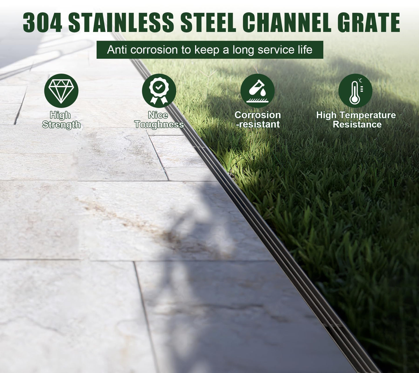 Natotela Slot Channel Drain with 304 Stainless Steel Grate-39.4Lx6.1Wx8.6H in. Deep Profile Trench Drain System for Landscaping,3 Pack Total Length 118.2in,A15 Hidden Drain Channel