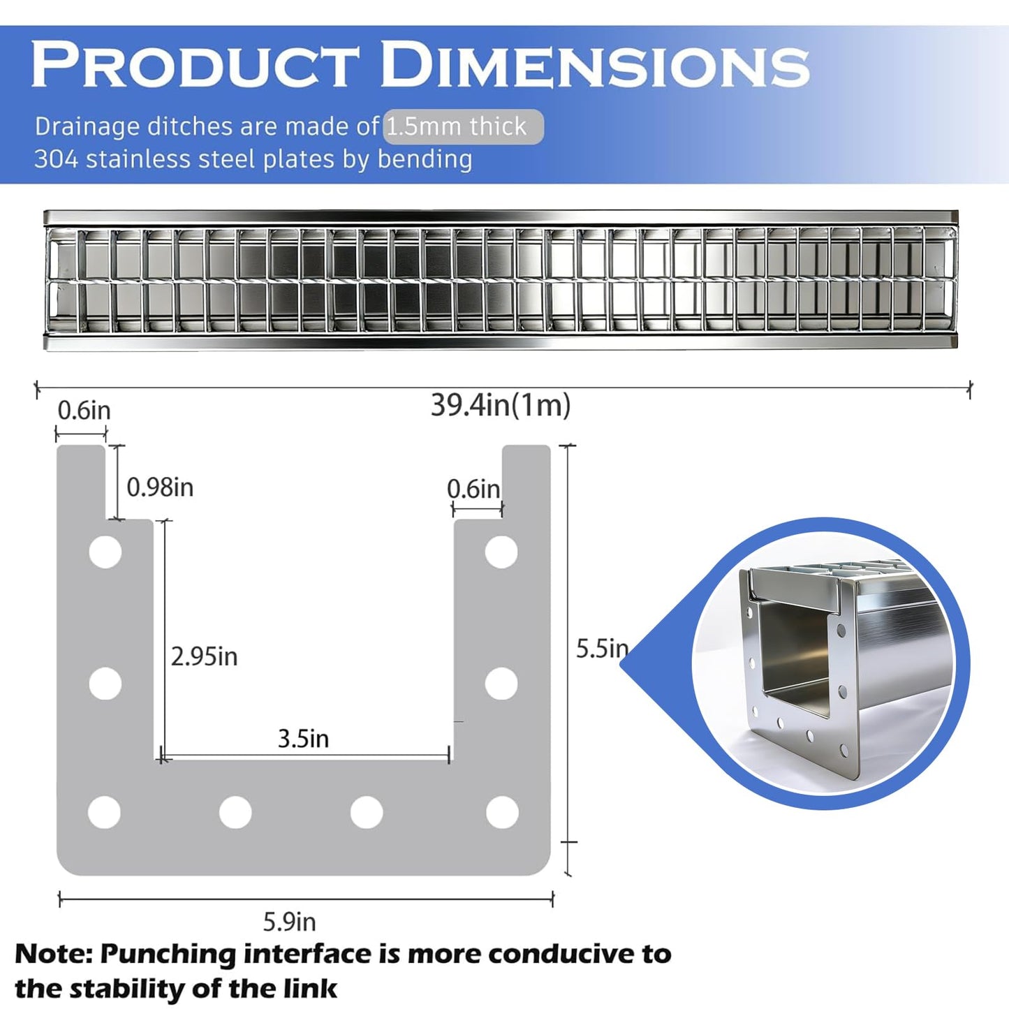 304 Stainless Steel Channel Drain with Galvanized Steel Drain Grate, 39.4×5.9×5.5in B-Class 28100 lbs Heavy-Duty Trench Drain System for 3”Pipe,Channel Drain Kit for Driveway,Outdoor,Yard,Garage Floor