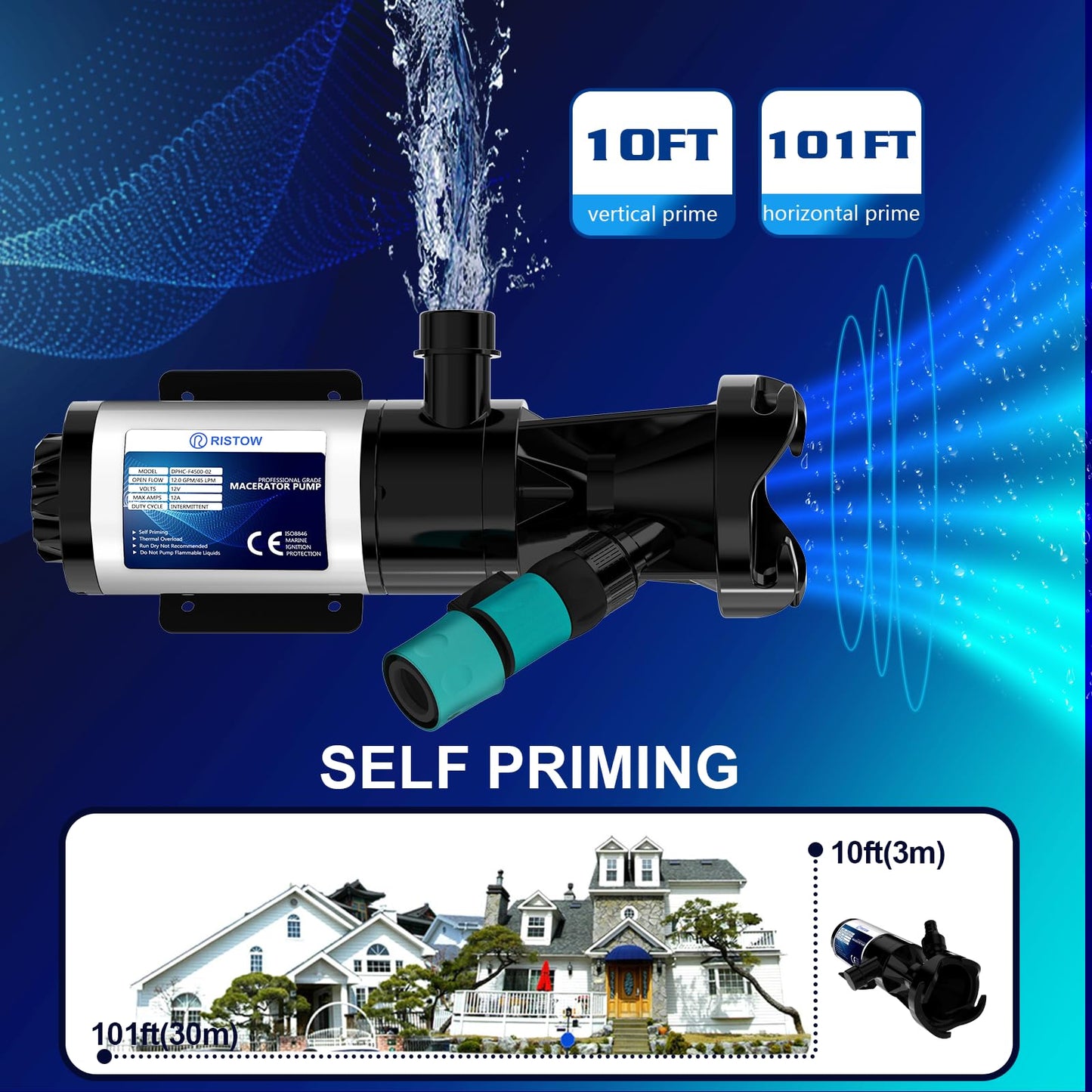 RV Macerator Pump 12V, 12GPM RV Waste Water Pump Self-Priming Sewer Pump with Garden Hose Discharge Port, Quick Release Sewage Pump with 10FT Tubing