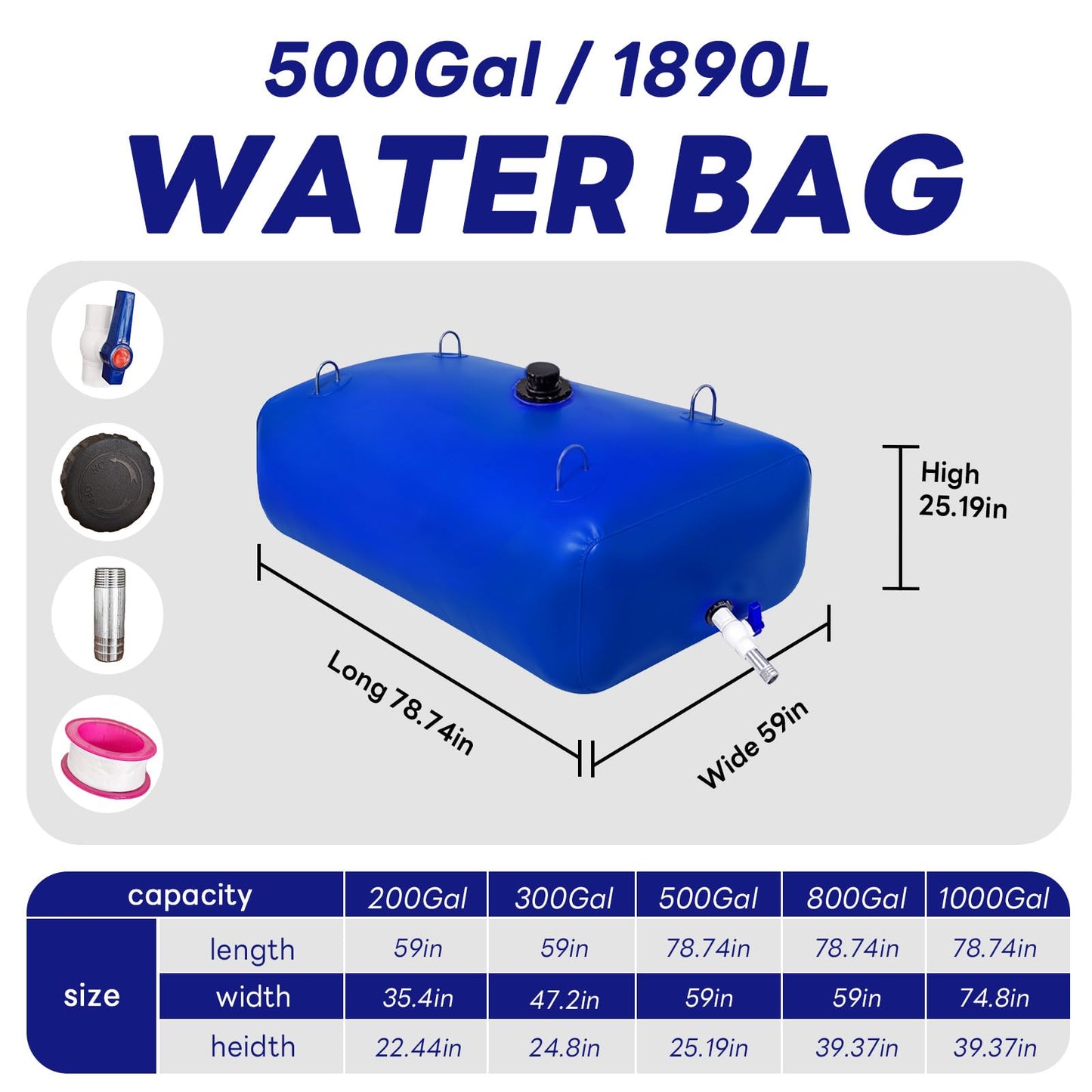 BEXRUO 1890 L/500 Gallon Water Bladder Tank, Blue Portable RV Water Tank, Large Capacity Water Storage Bladder for Camping, Garden, Emergency, Outdoor Sports