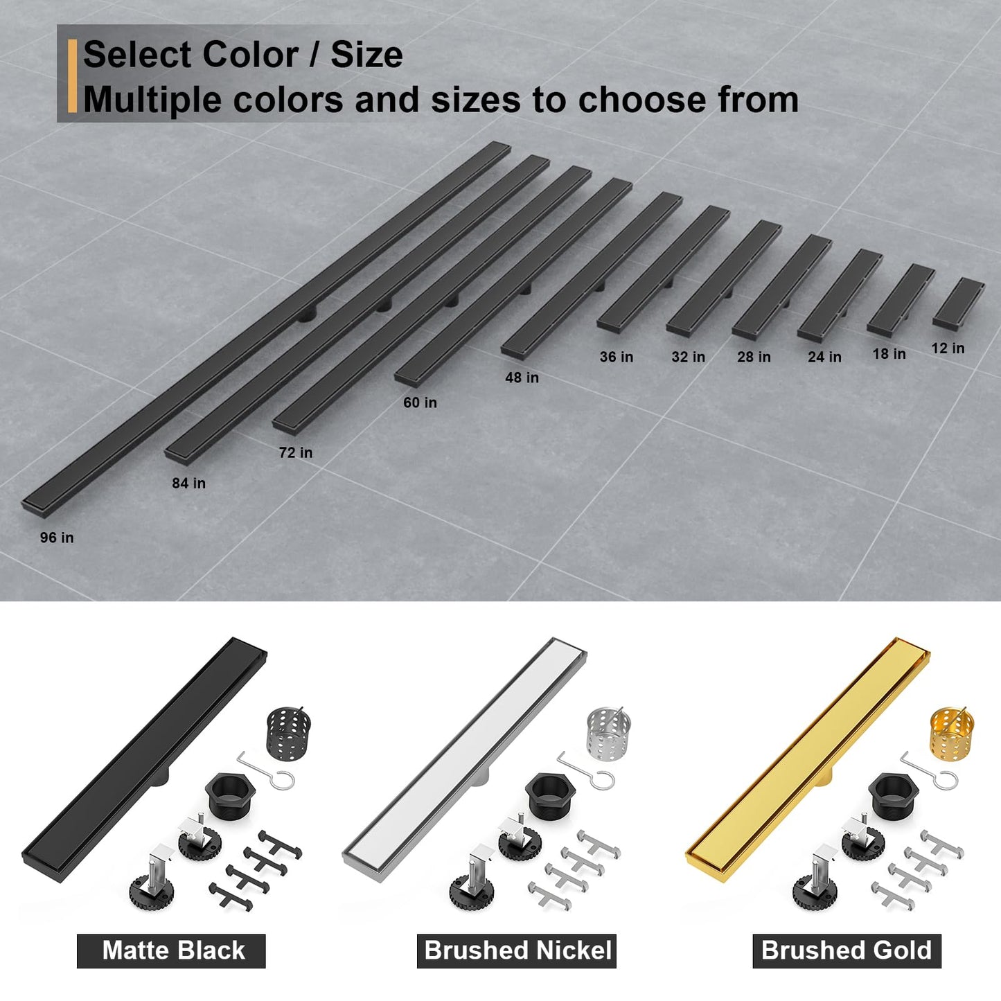 EBYTE Linear Shower Drain, 48 Inch Matte Black 304 Stainless Steel Shower Drain with Tile Insert Panels, Long Rectangle Shower Floor Drain with Adjustable Feet, Hair Catcher, Fits Bathroom, Balcony