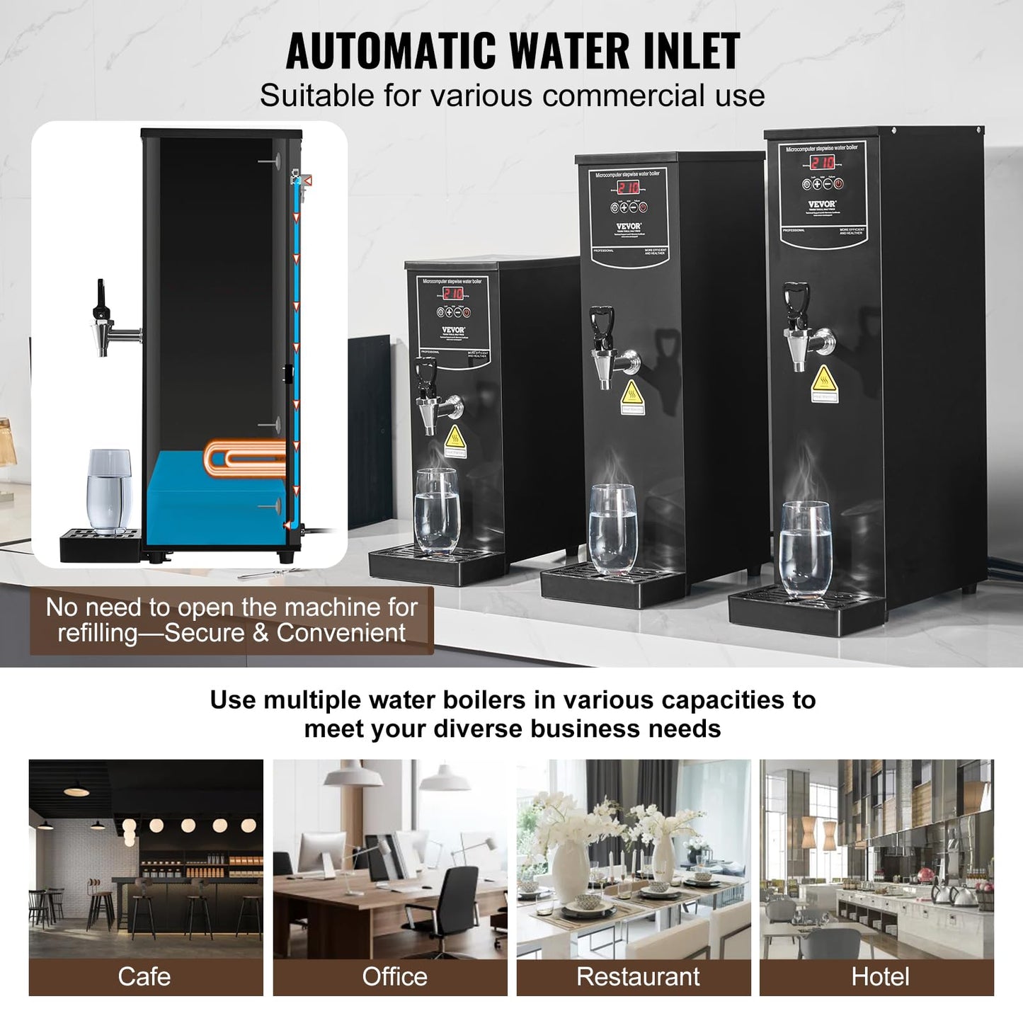 VEVOR Commercial Water Boiler, 15L Electric Hot Water Dispenser with 316 Stainless Steel Heating Tube, 1500W Step-by-step Fast Heating 50L/H Hot Water Boiler, for Coffee Tea Restaurant Office