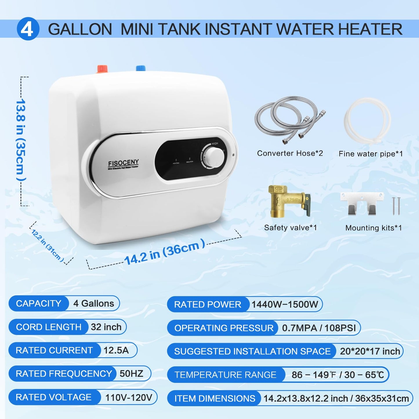 Fisoceny 4 Gallon Tank Water Heater Under Sink Instant Hot Water 1500w 120V,Kitchen Under Counter RV Small Hot Water Heater with Release Valve 3-Way Diverter Vavle,1/2" NPT White