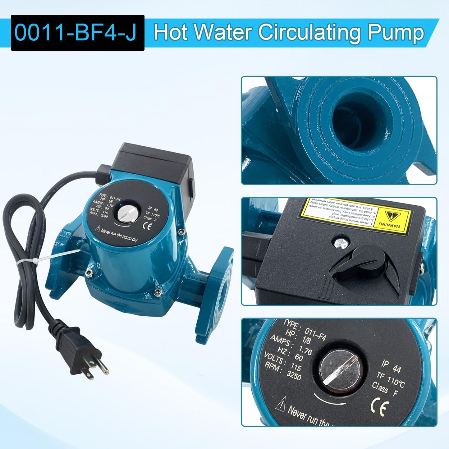 0011-F4 Hot Water Circulating Pump Cast Iron Cartridge 1/8 HP 0-31 GPM Flow Range Working Pressure 150 PSI Quiet Operation for High-Pressure Drop Boilers Heating/Home Replace# 0011-BF4-J