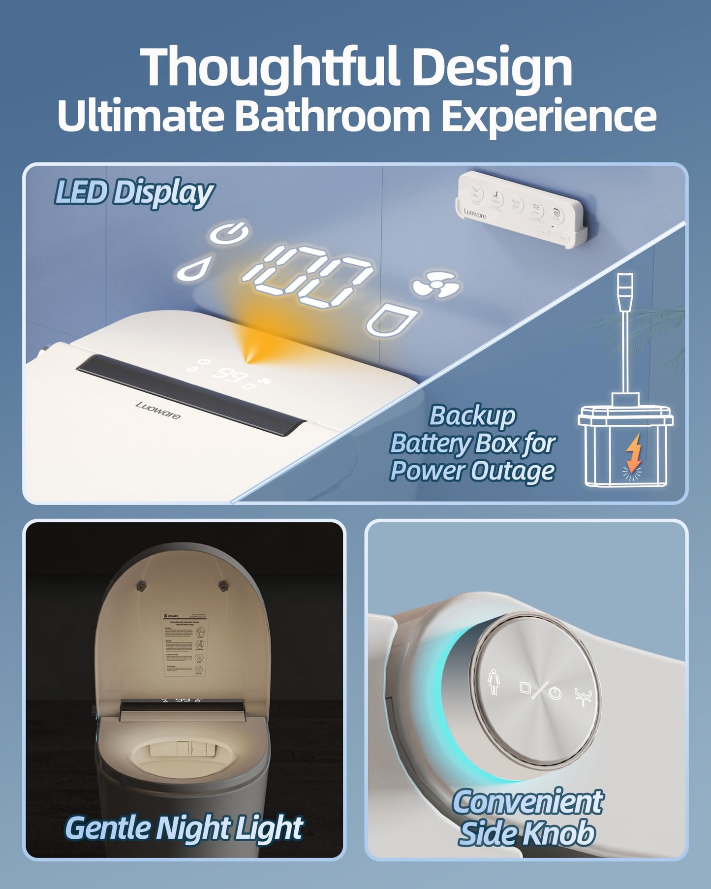 Luoware Smart Toilet, One Piece Toilet with Built-in Heated Bidet Seat, Auto Flush, Foot Sensing Flush, Built-in Tank & Pump-Assisted, Warm Water & Dryer, LED Display, Night Light, Manual Lid