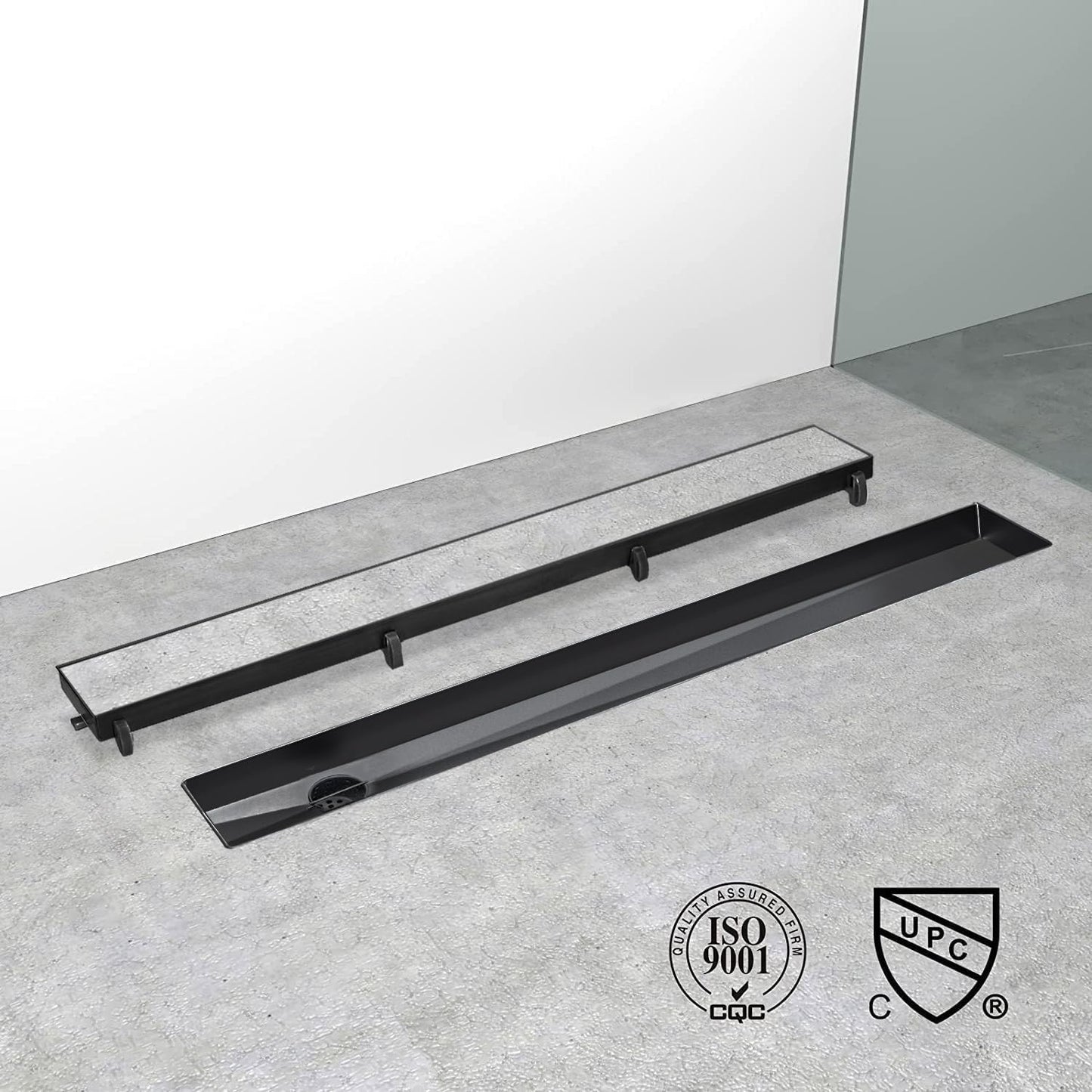 Elefloom Offset Linear Shower Drain, Brushed 304 Stainless Steel Side Outlet Black Floor Drain with Hair Catcher and Adjustable Feet (48 inch)