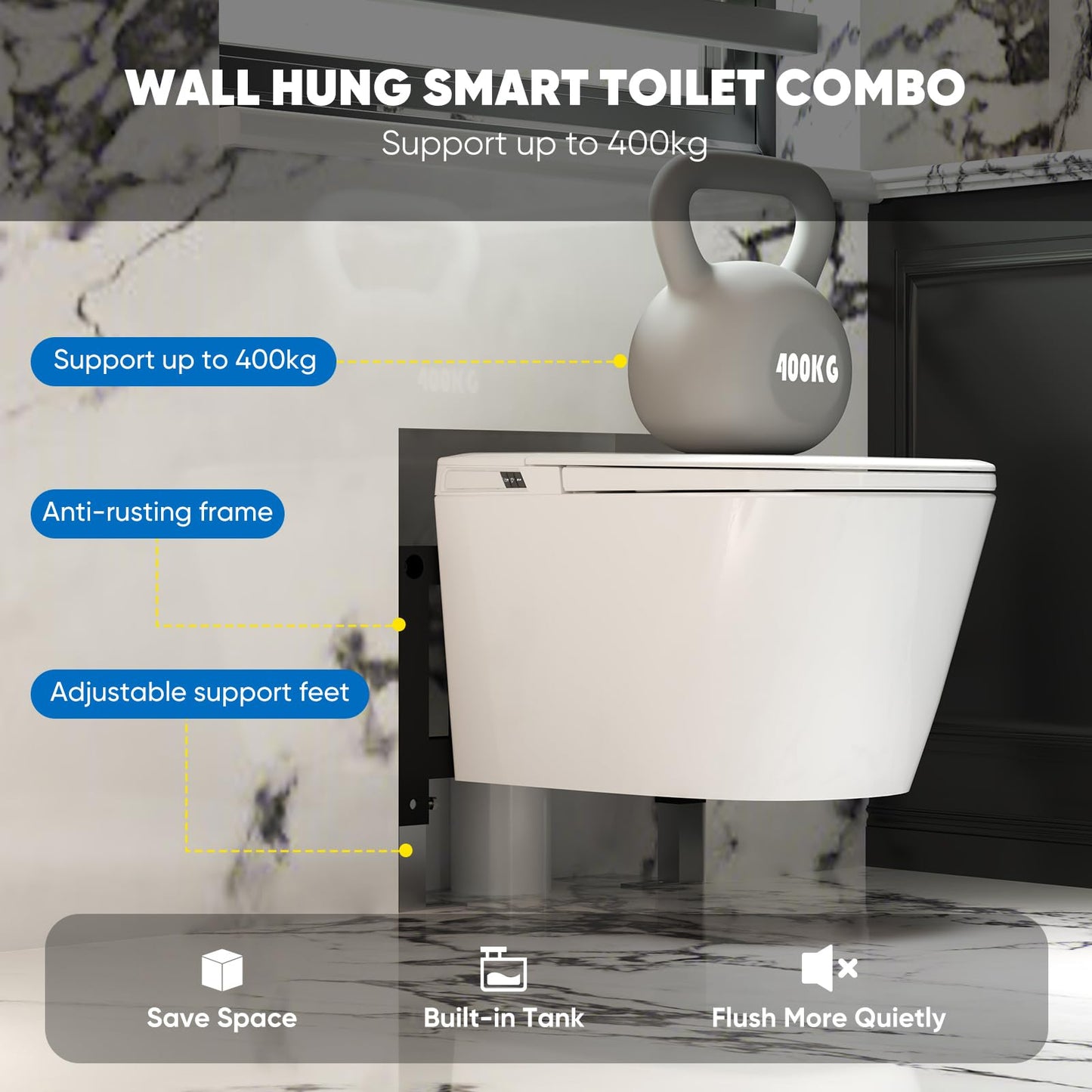 SmartSylva Basic Smart Function Wall Hung Toilet Combo, Built-In Water Tank, Heated Seat,Auto Flush,Foot Sensor Flush,Nightlight, with In-Wall Carrier (No Need to buy an Additional Water Tank)