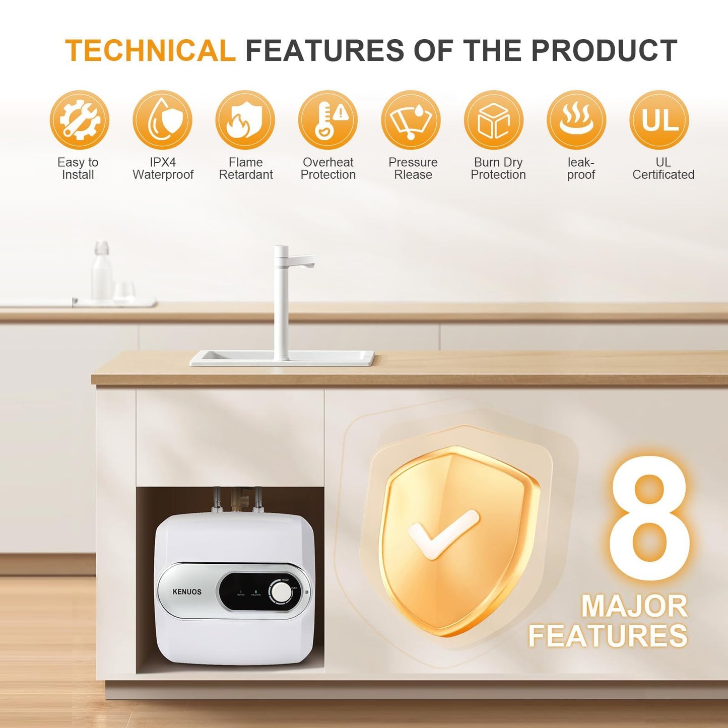 KENUOS 4 Gallon Water Heater Under Sink Instant Hot Water Heaters 1500W 110V 120V Mini Tank Water Heater with T&P Vavle 1/2" NPT for Kitchen,Bathroom,Camper,RV,Grey