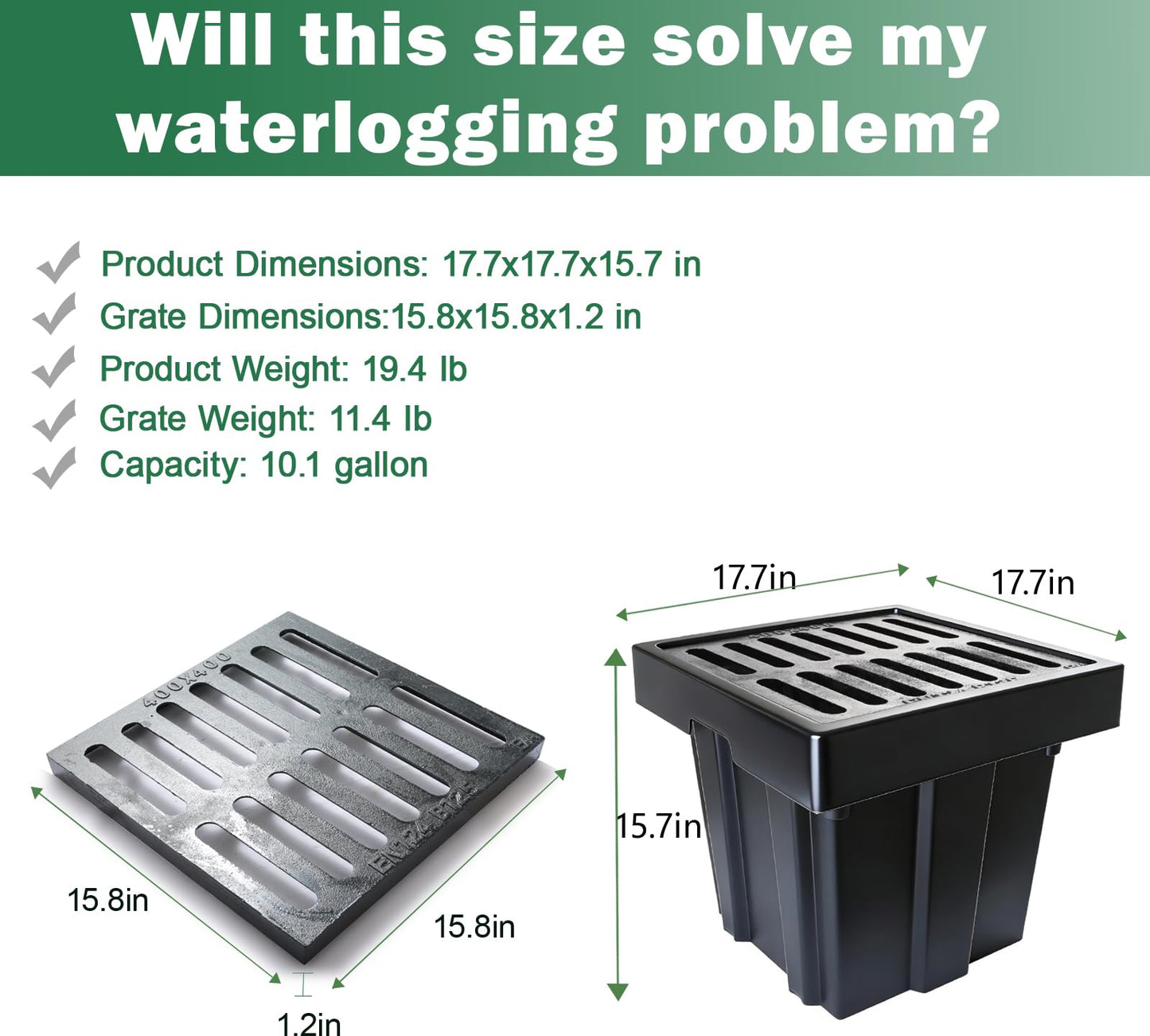 Catch Basin with Cast Iron Grate,18x18x15in Heavy Duty Catch Basin for Drainage with Debris Basket, Square French Drain Basin Without Reserved Hole for Driveway,Yard, Patio,Downspou, Lawn Commercial.