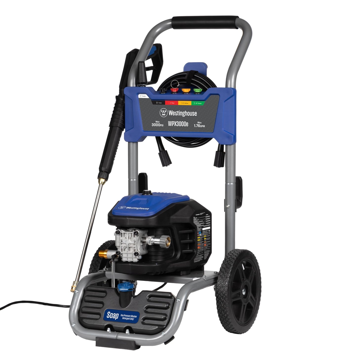 Westinghouse WPX3000e Electric Pressure Washer, 3000 Max PSI and 1.76 Max GPM, Induction Motor, Onboard Soap Tank, Spray Gun and Wand, 5 Nozzle Set, for Cars/Fences/Driveways/Homes/Patios/Furniture