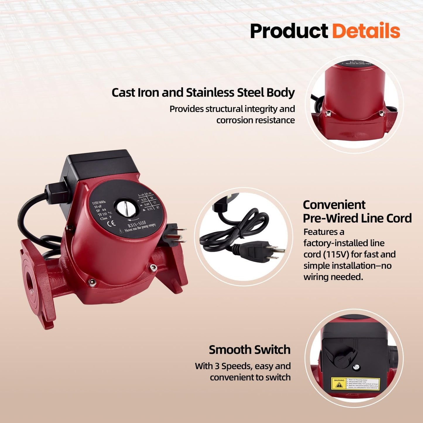 Talspity UPS15-55SFC Stainless Steel Water Circulator Pump 59896773, 3-Speed 1/12HP 115V 60Hz High-Efficiency Water Recirculating Pump for Hydronic, Radiant Floor & Domestic Hot Water Systems