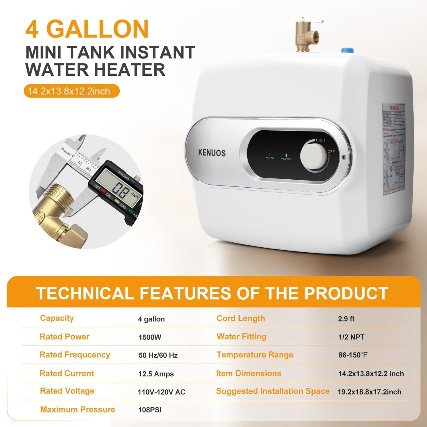 KENUOS 4 Gallon Water Heater Under Sink Instant Hot Water Heaters 1500W 110V 120V Mini Tank Water Heater with T&P Vavle 1/2" NPT for Kitchen,Bathroom,Camper,RV,Grey