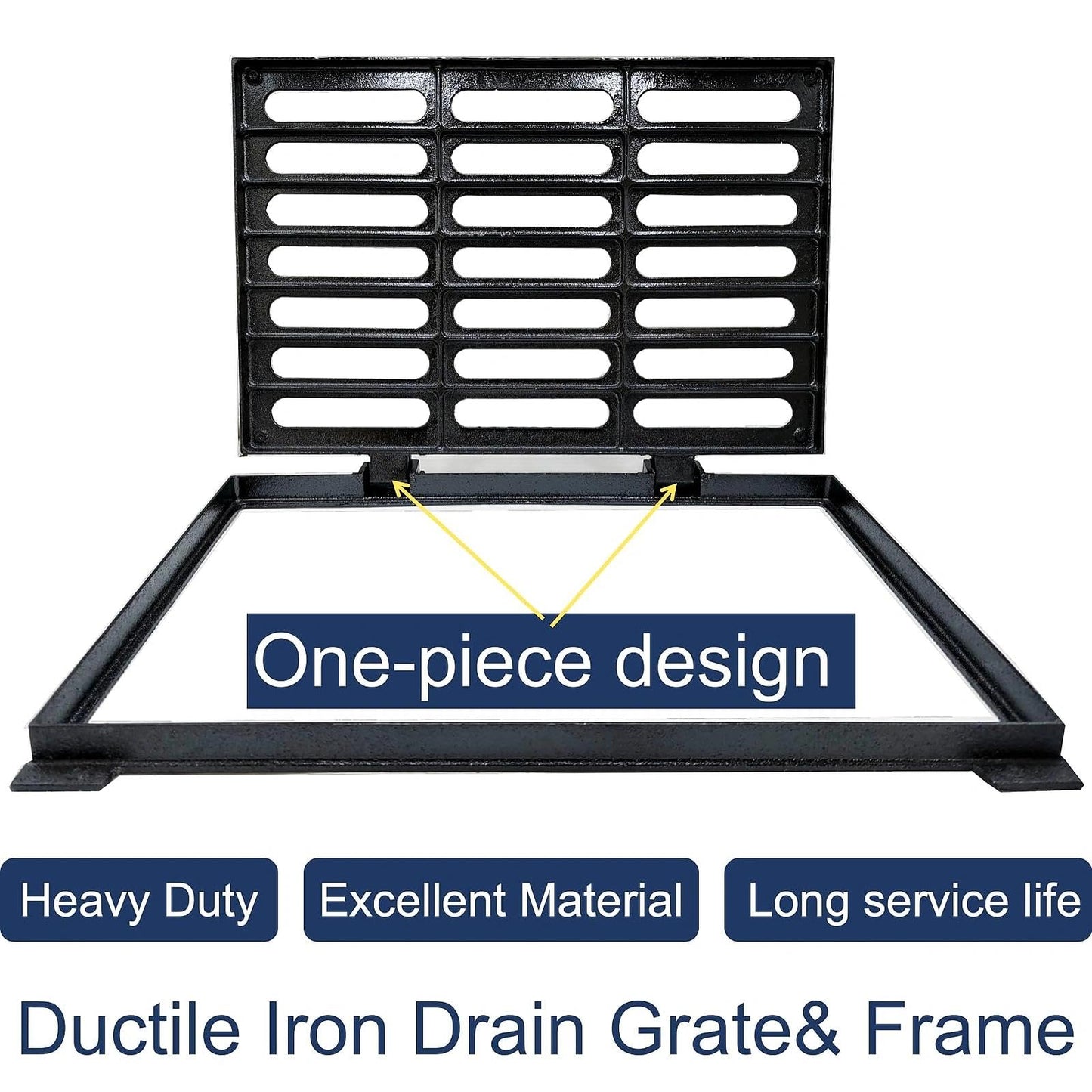 TIANYAMAI Cast Iron Drain Grate and Frame 24x16 in, B-Class 28100 lbs Heavy-Duty Driveway Channel Cover, Outdoor Trench Drainage Grate with Base, Rectangle Metal Sewer Cover (IL23.6 x IW15.7)