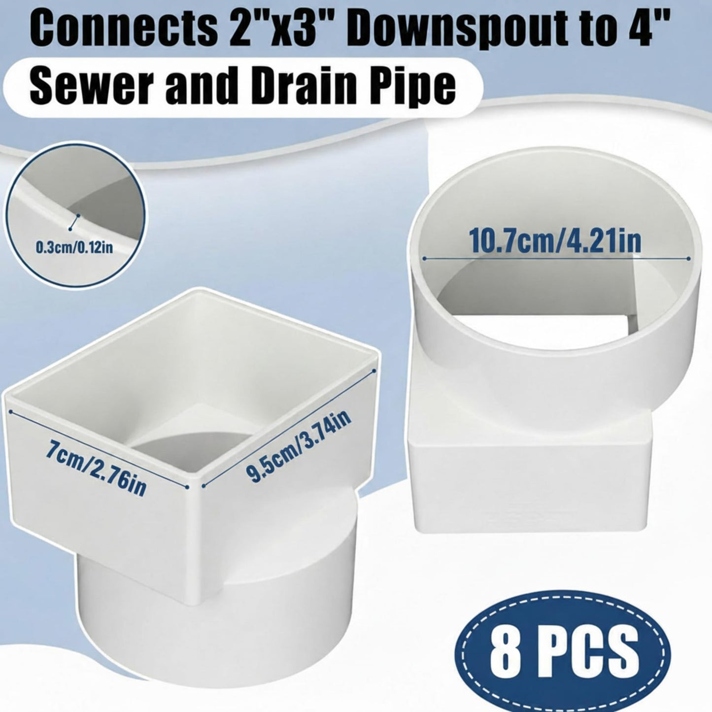Sosation 8 Pcs 2"x3"x4" PVC Offset Downspout Drainage Adapter, Connects 2" X3" Downspout to 4" Round Sewer and Drain Pipe, Hub/spigot End, Universal Design to Fit All Types of 4" Round Drain Pipe Tile