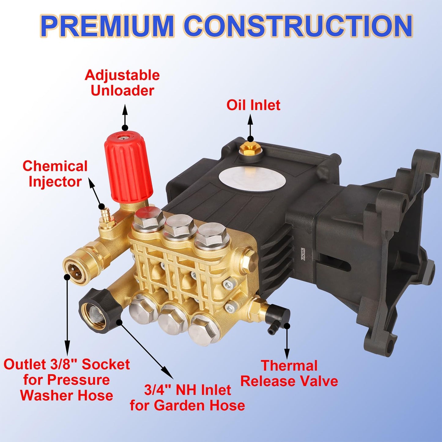 Biswing Pressure Washer Pump, 1" Shaft Horizontal Triplex Plunger, 4400 PSI Max, 4 GPM, Direct Drive Pump with Adjustment Unloader, Replacement Pumps for Cold Water Gas Power Pressure Washer