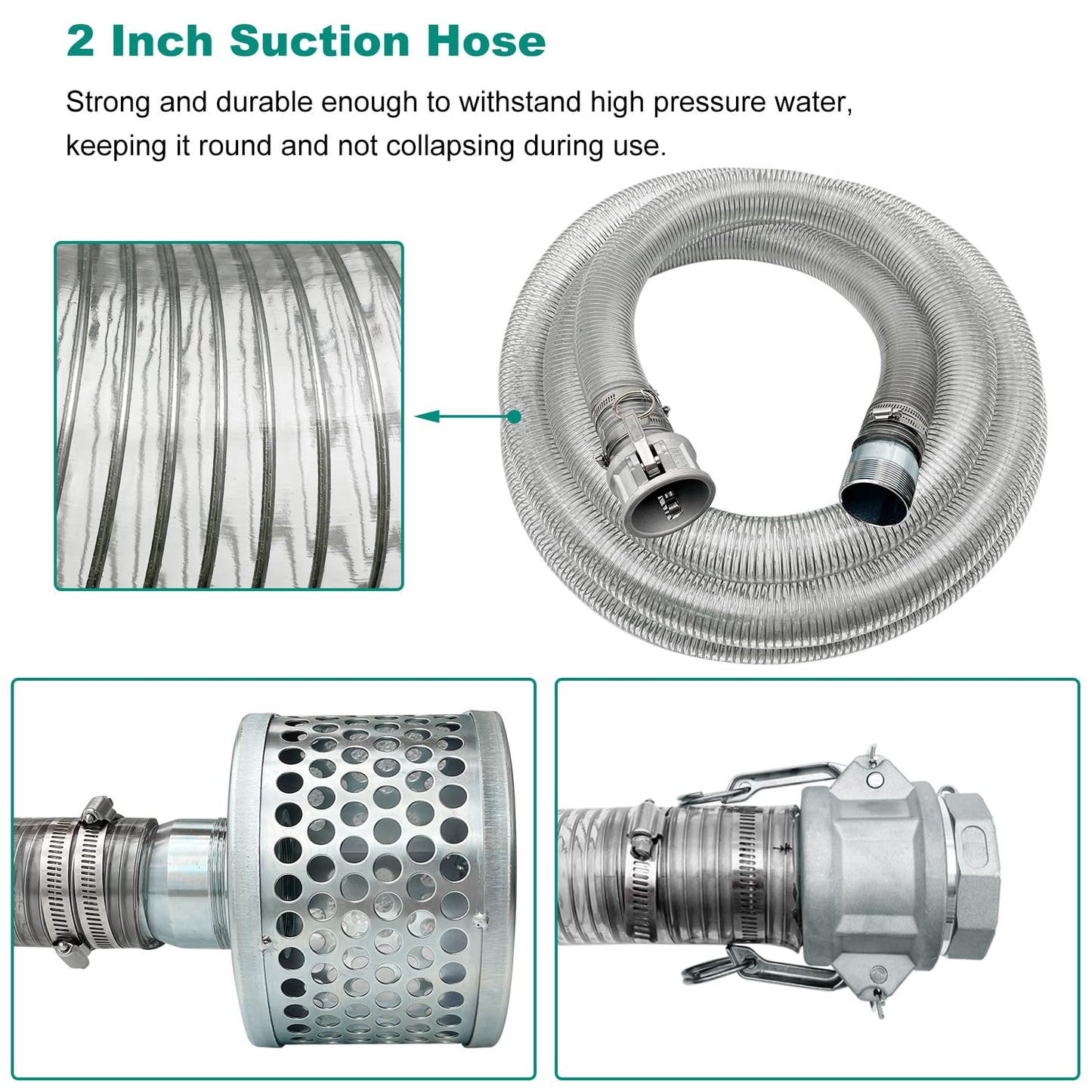 SAFBY Pump Water hose Discharge 2" x 50' Backwash Hose, 2" x 20' Suction Hose With Aluminum Camlock A C E D Fittings, Heavy Duty Three layer Backwash Drain Hose for pool(2 in, 50 ft outlet 20ft inlet)