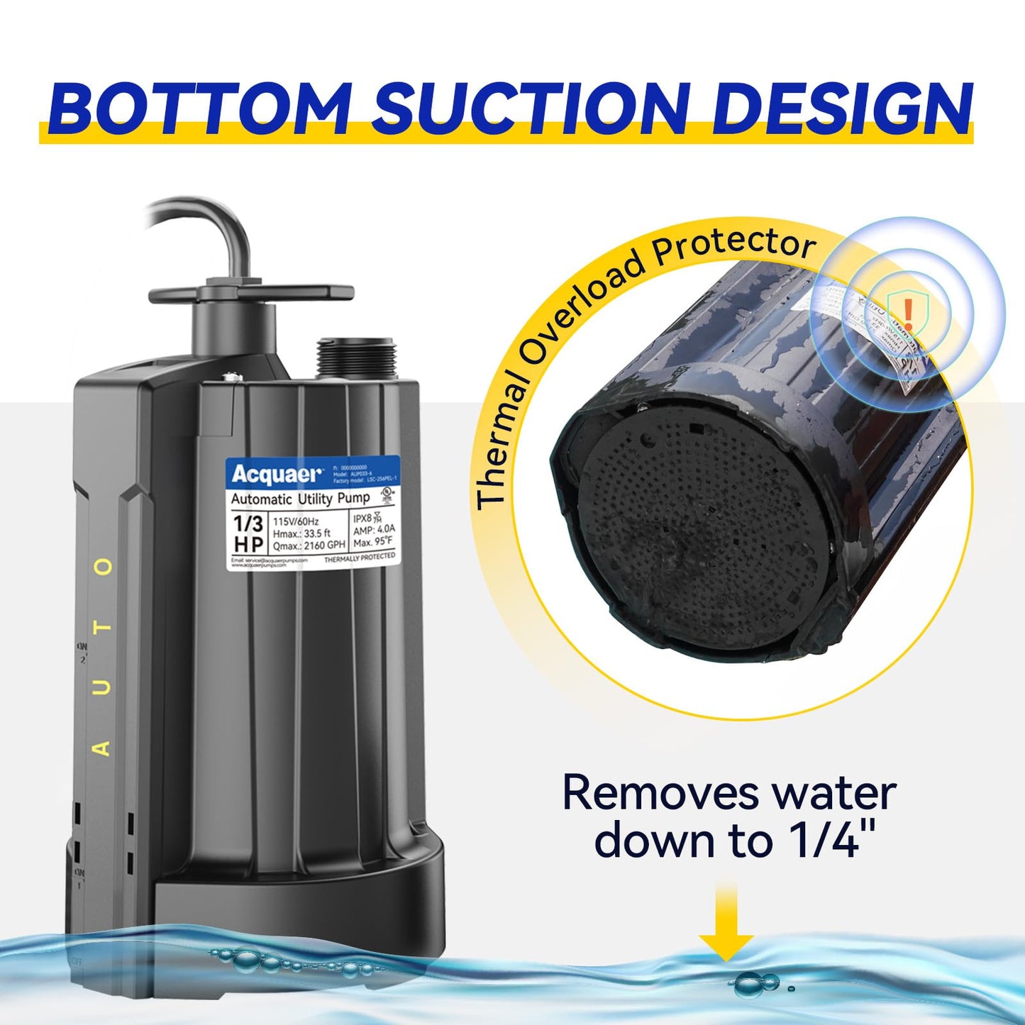Acquaer 1/3 HP Submersible Water Pump, 115V Sump Pump with 3/4” Garden Hose Adapter, 2160 GPH High Flow Water Removal for Swimming Pool Cover Hot Tubs Flooded House Basement, Black