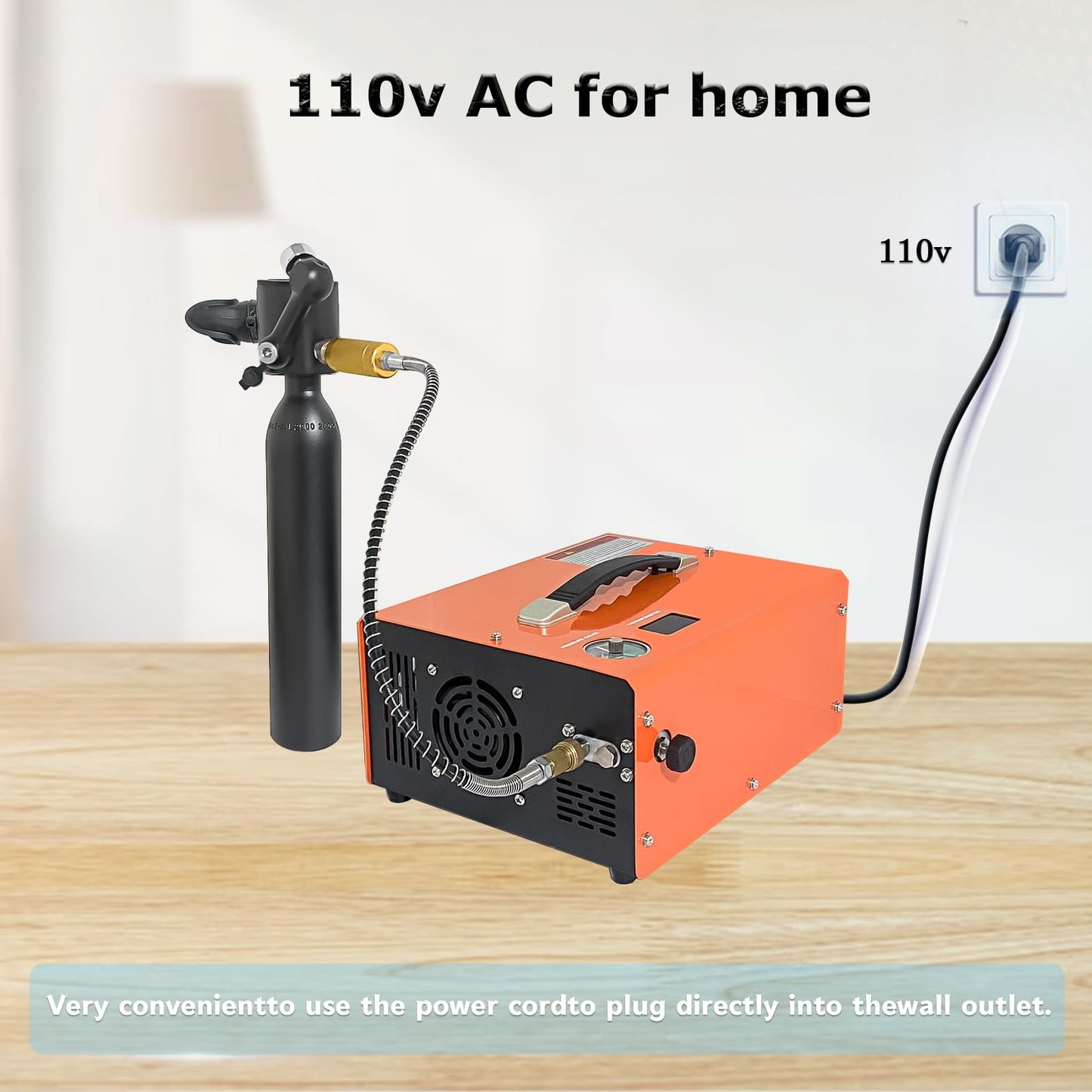 Nuoge PCP Air Compressor with Auto-Stop, Portable 4500Psi High Pressure Pump, Built-in Transformer, Oil-Free PCP Pump for Airgun Paintball Tank, 110V AC/12V DC