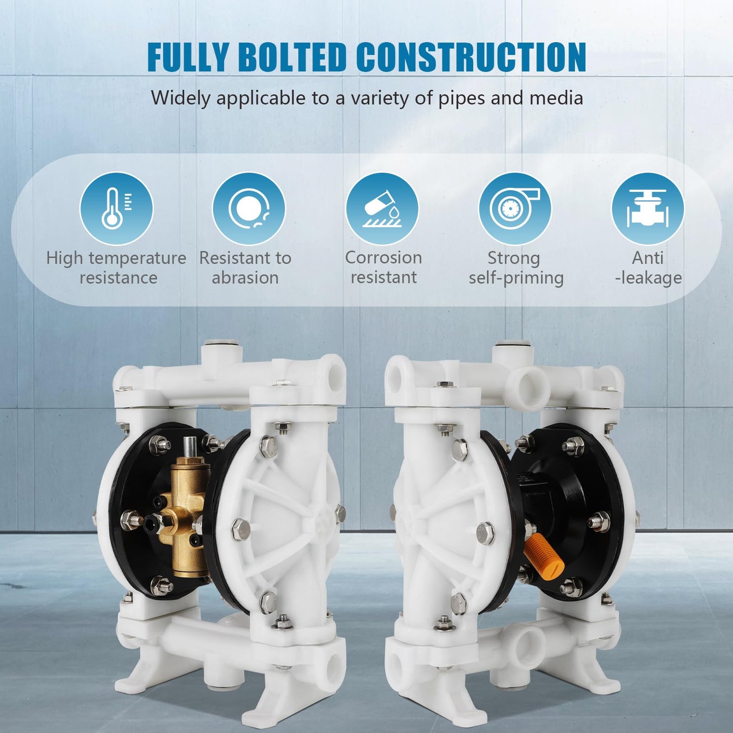 Air-Operated Double Diaphragm Pump, Pneumatic Waste Oil Transfer Pump for Chemicals, Polypropylene, Nitrile Rubber, and Stainless Steel (1/2 Inch Inlet)