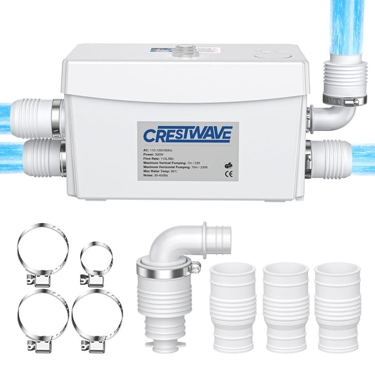 CrestWave Powerful 300W Sink Pump, 23ft Head, 110LPM Flow with 3 Water Inlets - Ideal for Basement, Kitchen, Sink, Shower, Bathtub, Laundry, Waste Water, Boats, RV, Home, Off-Grid Sewage Systems