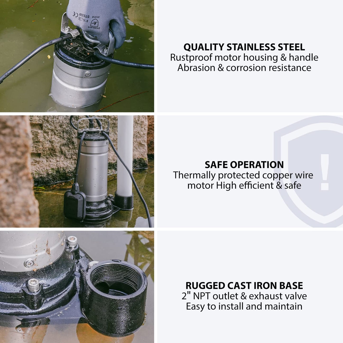Aquastrong 1HP Sewage Grinder Pump, Stainless Steel, 115V Automatic Float Switch, Cast Iron Impeller, Submersible Effluent/Sewage Pump for Sump Basin, Basement 2'' NPT Discharge, Gray