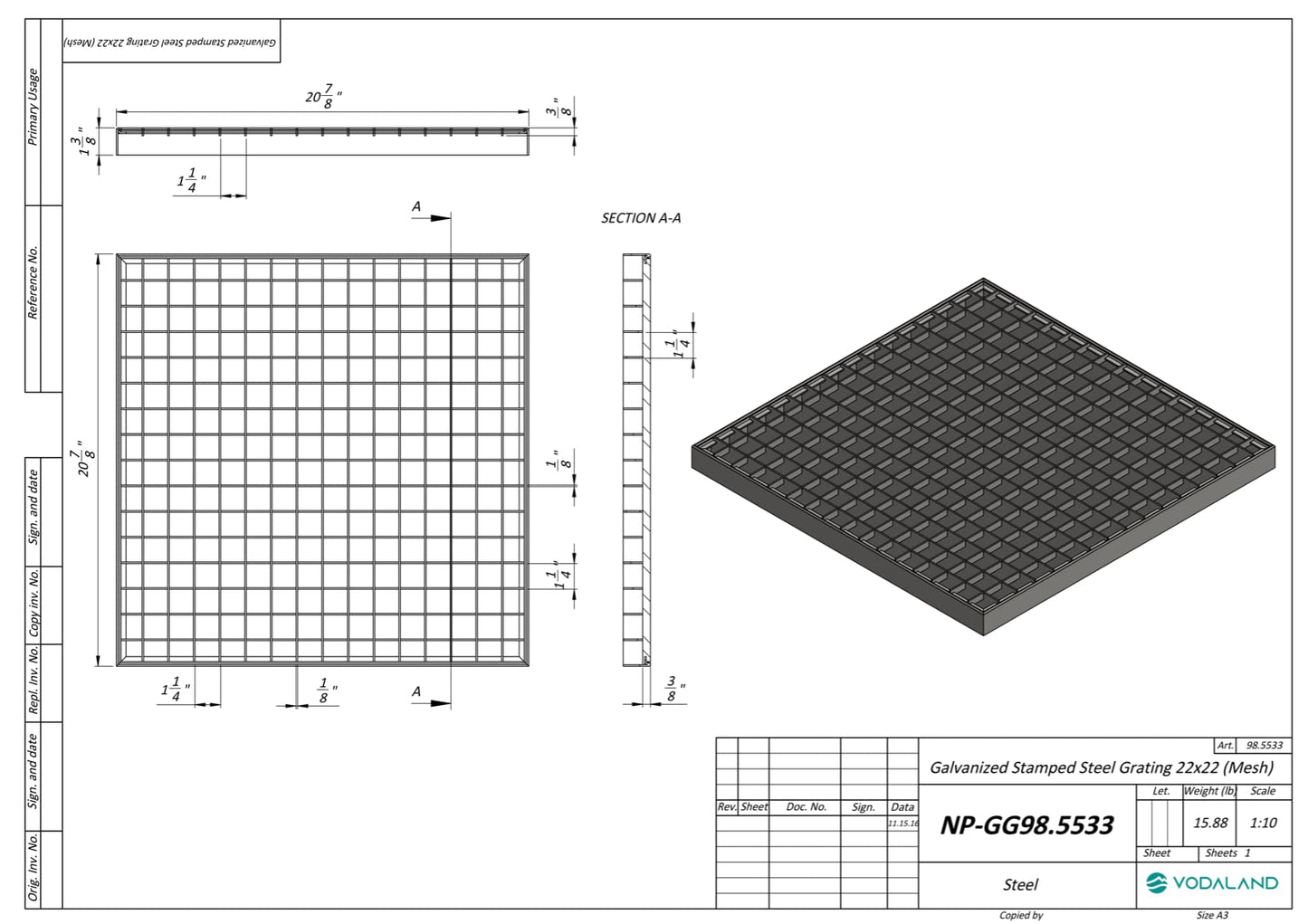Vodaland - 22x22 Inch Large Catch Basin with Galvanized Stamped Steel Grate Complete Package