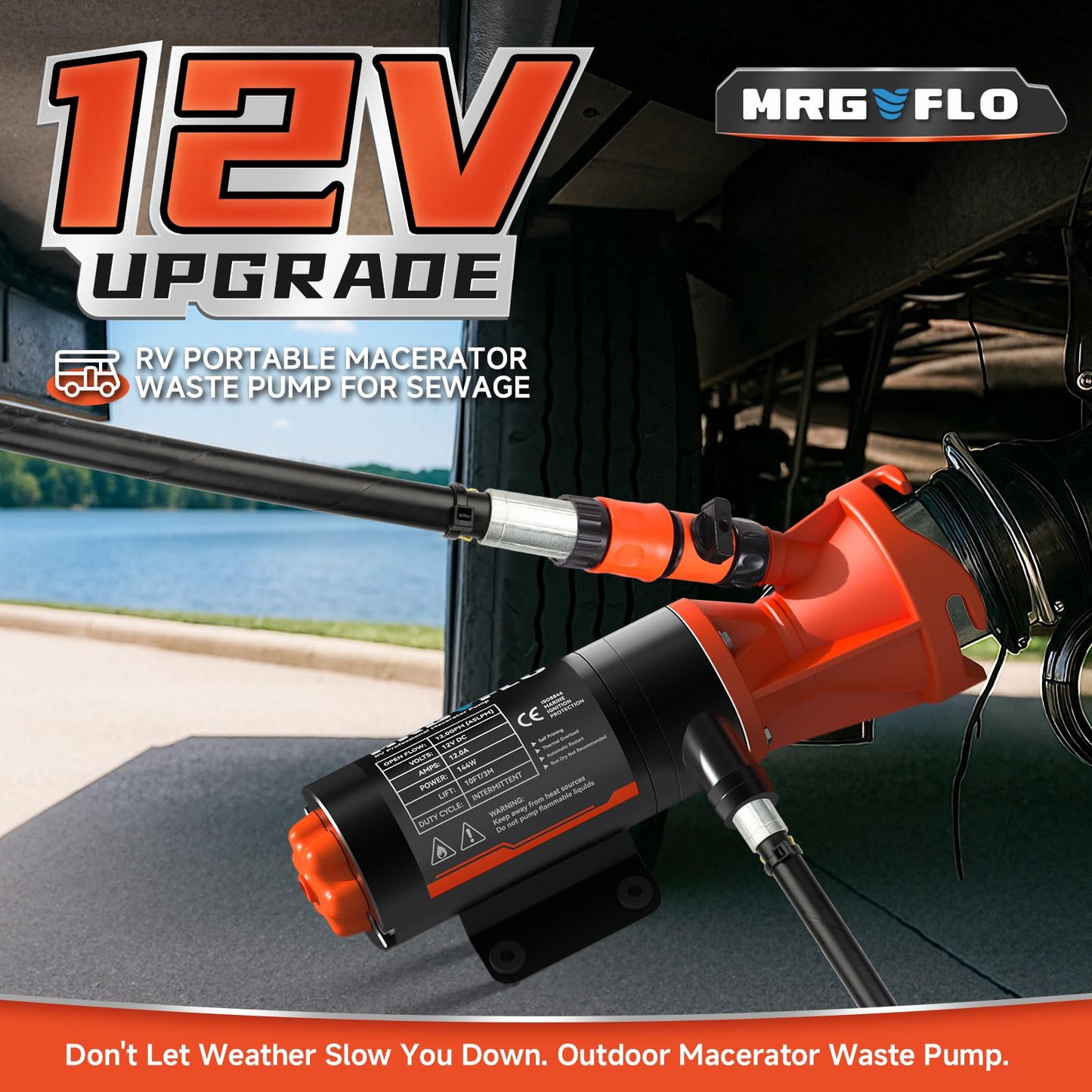 12V RV Portable Macerator Waste Pump for Sewage,12GPM Suction 3.2 feet Lift 10 feet with Garden Hose Discharge Port,Quick Release Sewage Pump with Fresh Water Rinse and Automatic Crushing Function