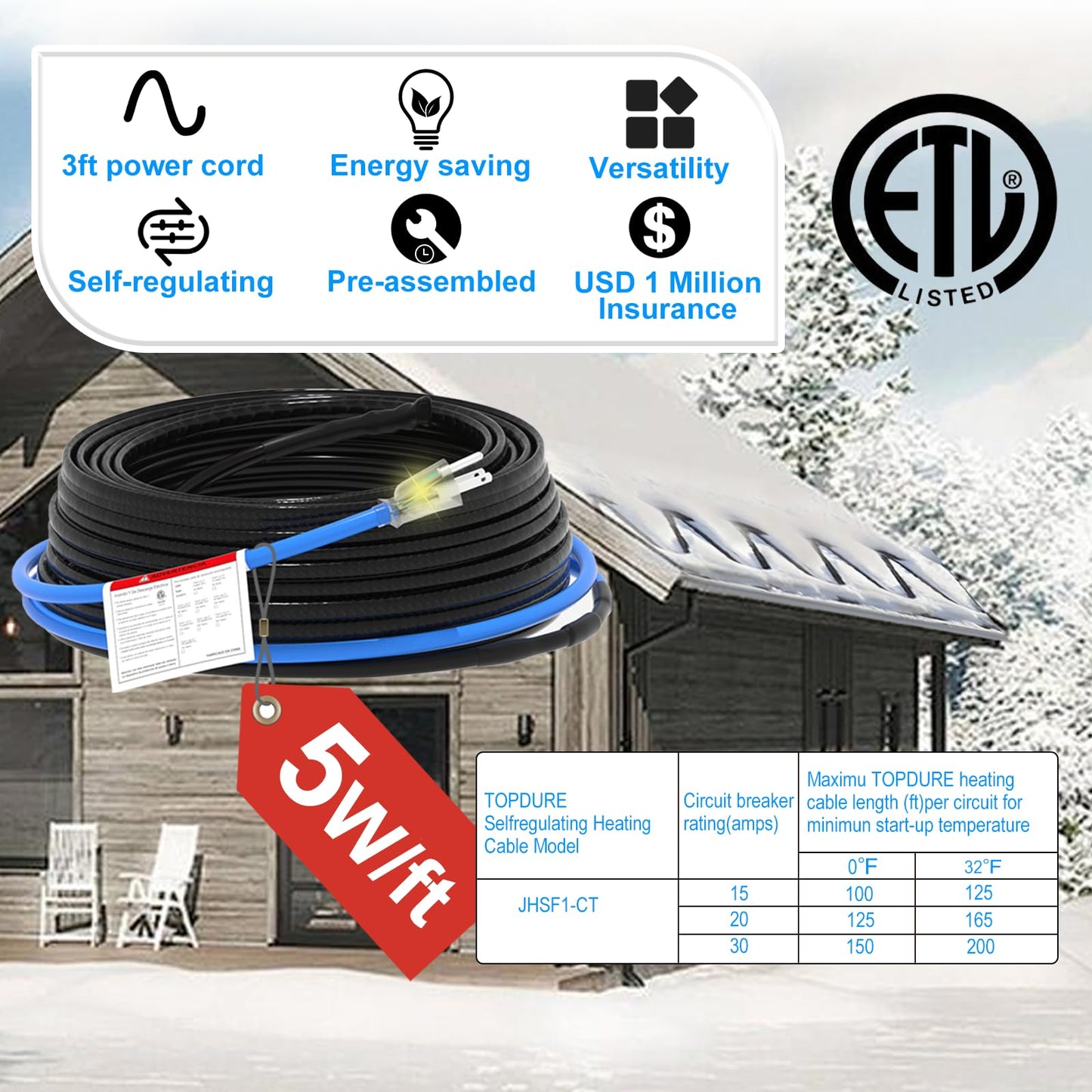 TOPDURE Sewage Pipe Heating Cable 150 FT 120V Self-Regulating for Freeze Protection in Wastewater Systems, Sump Pumps and Roof De-Icing with Fluoropolymer Corrosion-Proof Technology