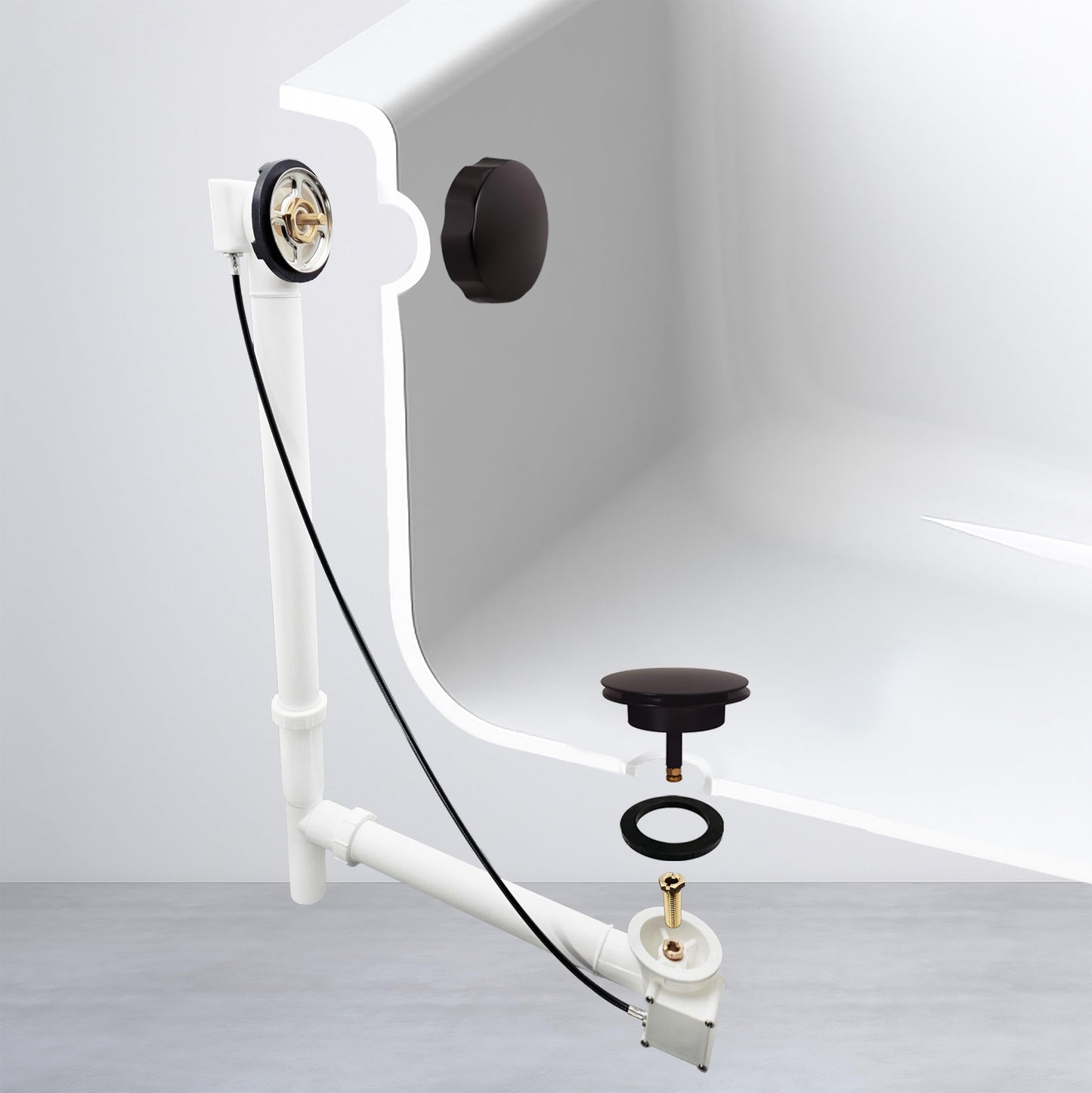 Westbrass A50P27TLE-12 27" Cable Drive Bath Drain Trim Kit with Rotary Overflow Cover Knob, European Stopper and Poly Tubular Pipes, Oil Rubbed Bronze