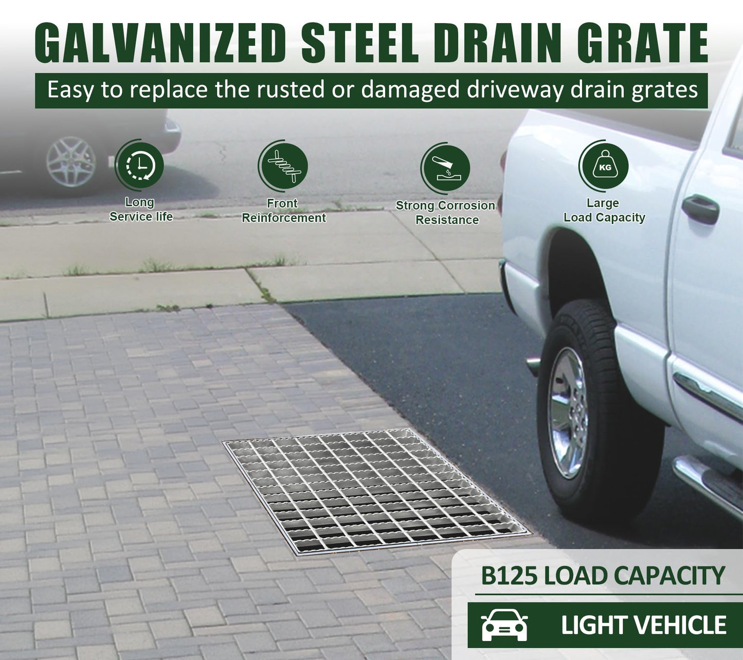 Natotela 24in Galvanized Steel Driveway Drain Grate-B125 Anti Slip Metal Catch Basin Grate for 24" Concrete Catch Basin,Outdoor Drainage Grates for Garage,Sewer,Dowmspout,Factory(23.6x23.6 in)