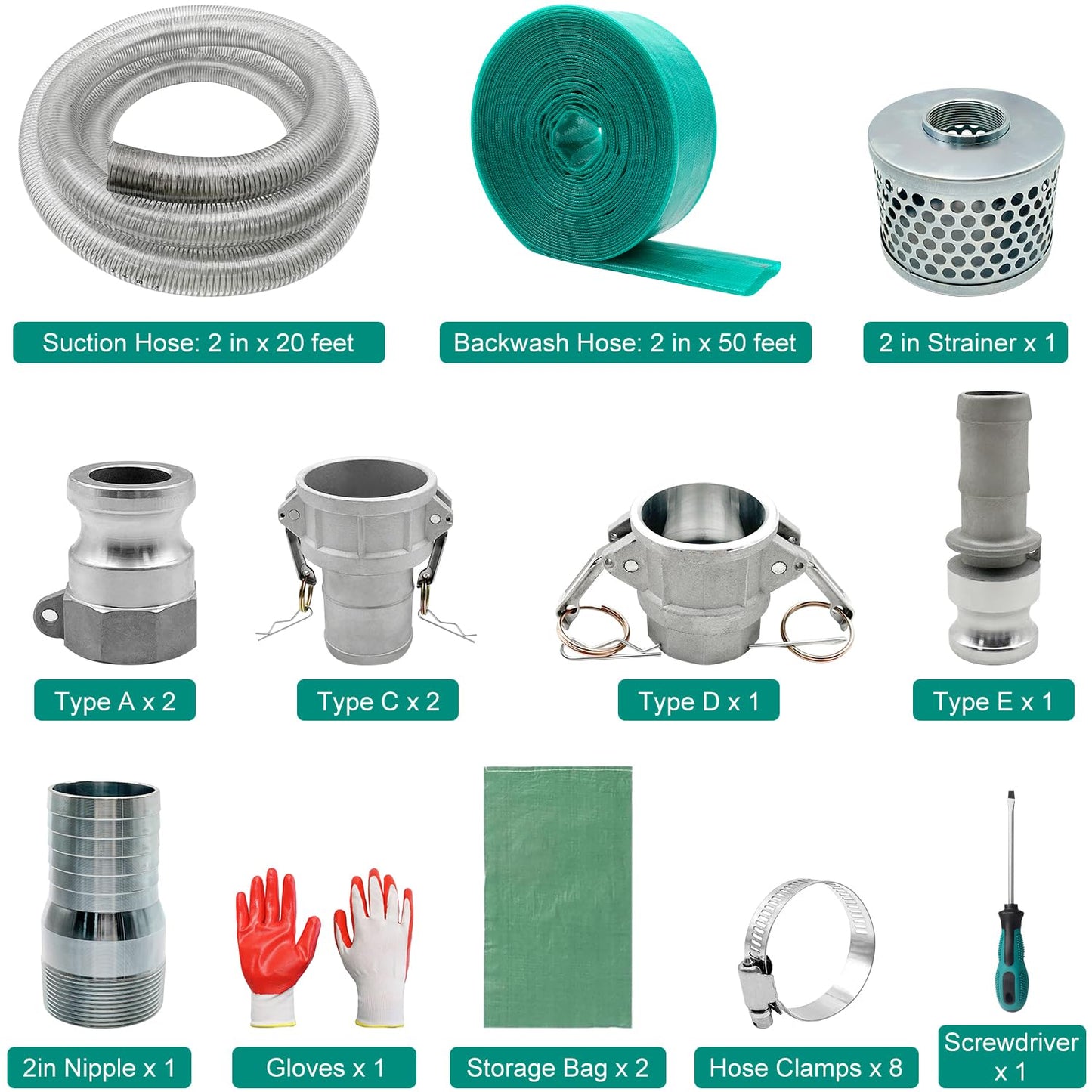 SAFBY Pump Water hose Discharge 2" x 50' Backwash Hose, 2" x 20' Suction Hose With Aluminum Camlock A C E D Fittings, Heavy Duty Three layer Backwash Drain Hose for pool(2 in, 50 ft outlet 20ft inlet)