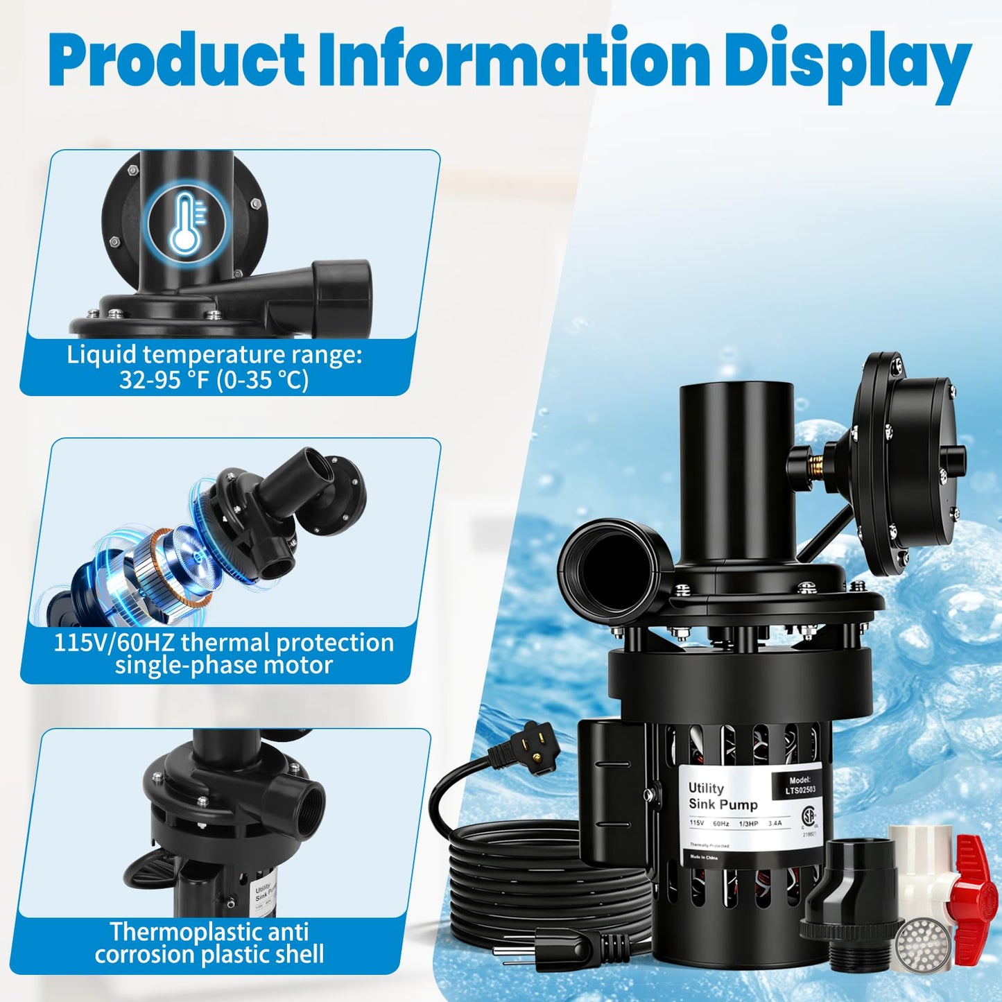 Automatic Utility Sink Drain Pump Directly Installed Under the Sink for Laundry & Basement, 1/3 HP Gravity Free Drainage Sink Pump with Drainage Filter Screen & Check Valve & Ball Valve