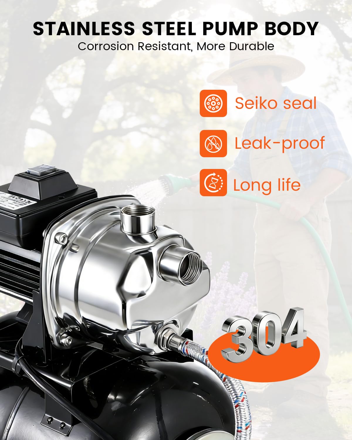 Powerful 1.6HP Shallow Well Pump with Pressure Tank, 1320GPH High Flow, 164ft Max Head, Stainless Steel Construction, Auto Pressure Switch - Ideal for Home/Farm/Garden/Yard Water Supply (Black)